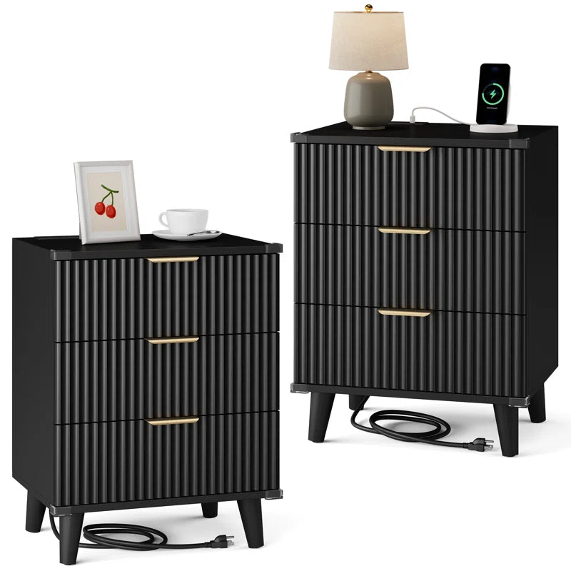 Nightstand with Charging Station, 3 Drawers With 2 USB Ports and 2 AC Outlets