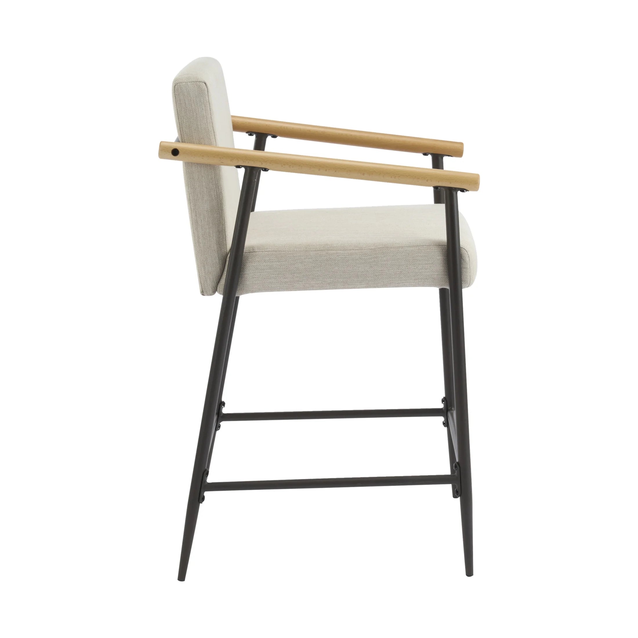 Beige Cushion, Counter Height Stools, Metal Frame, Wood Armrests, Set of 2