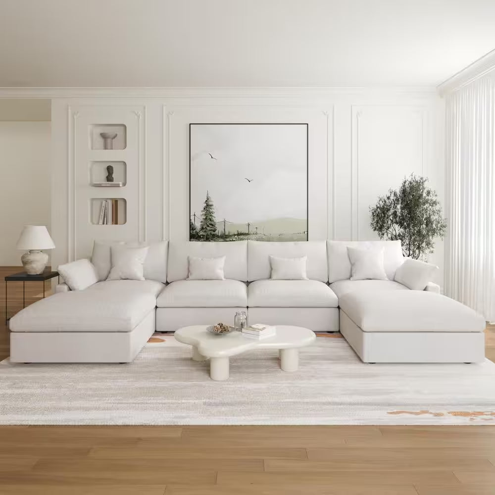 Hommeco 155" Modular 6-Piece Slope Arm Linen Sectional Sofa with Ottoman - Beige