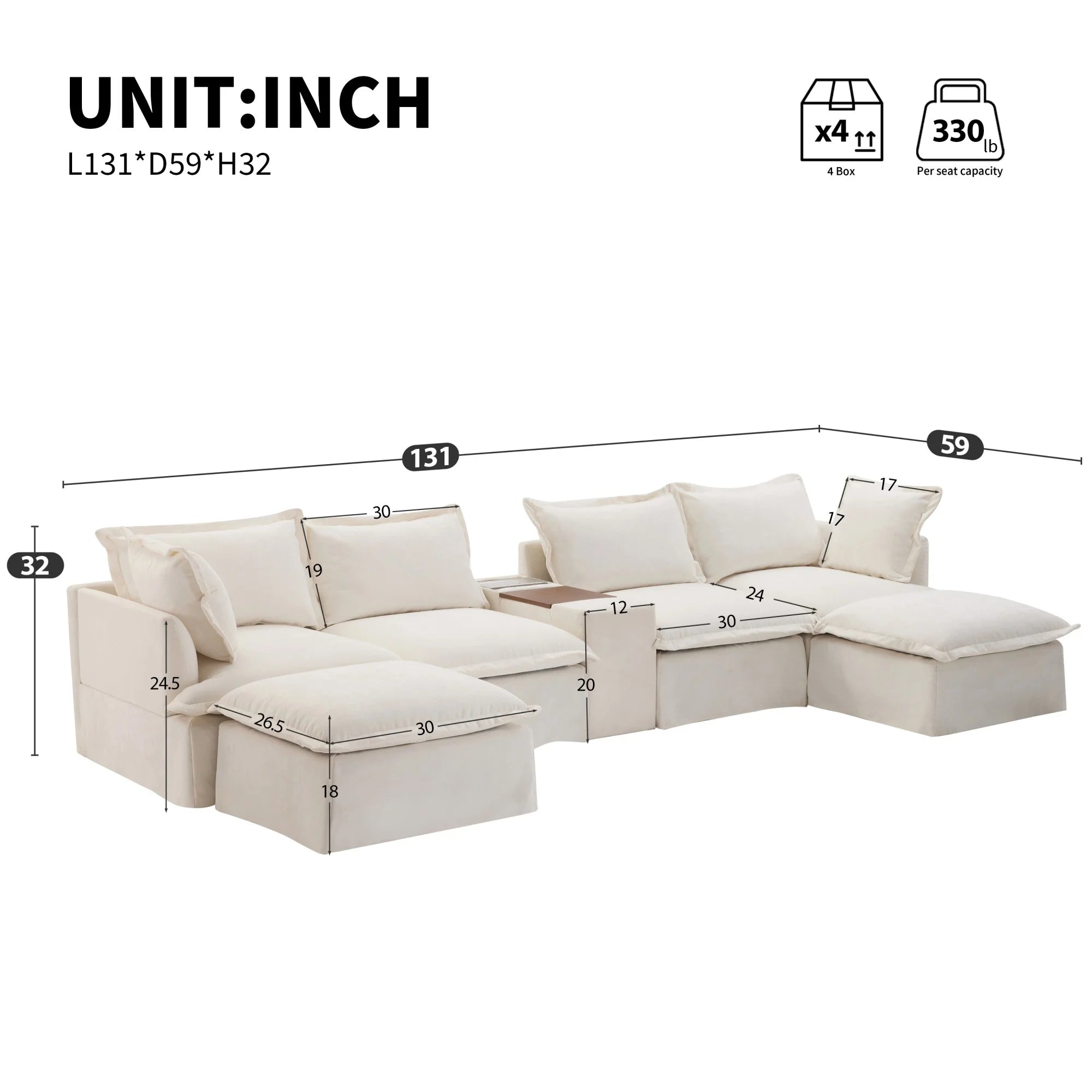 131'' Modular Sectional Sofa with Movable Ottoman and Console, Cup Holder, Wide Seat, 6 Seat U Shaped Couch, Oversized Chenille Sofa with USB Charger for Living Room, Apartments (Beige)