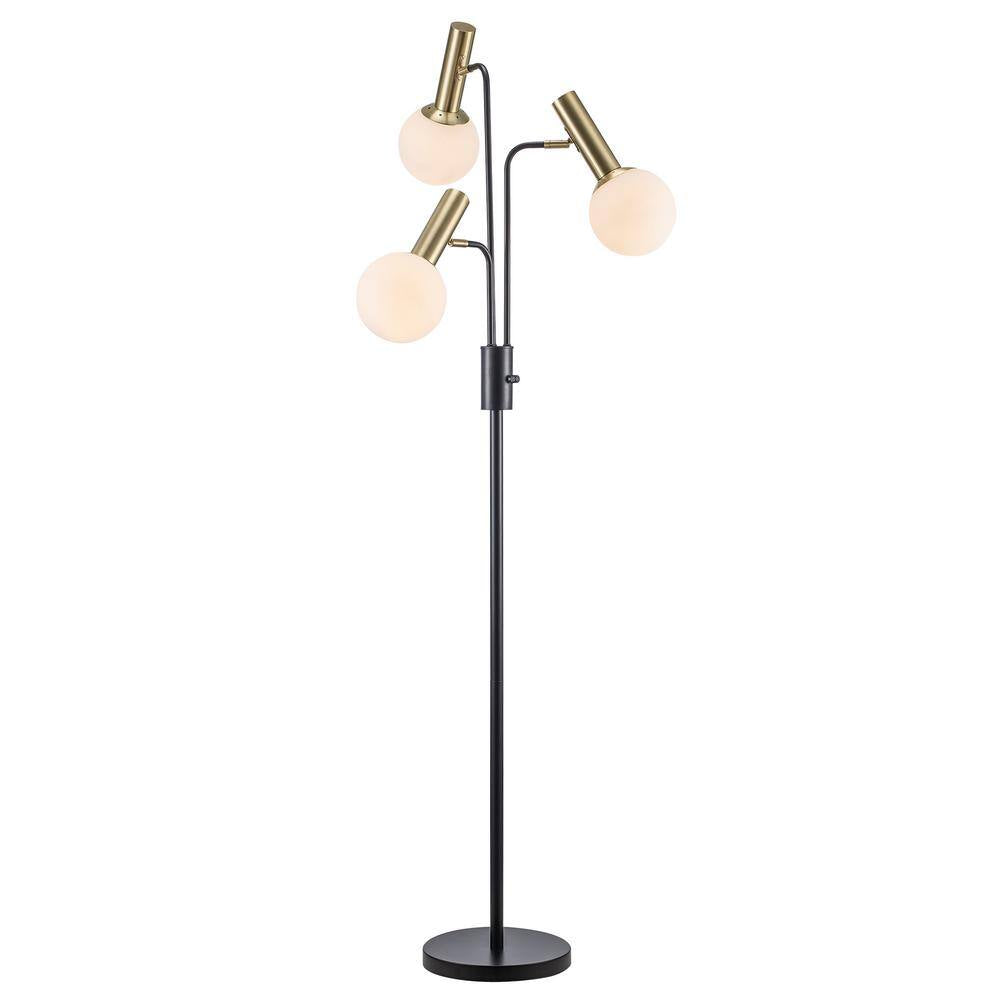 Kingsbridge 70 In. 3-Light Black and Gold Tree Floor Lamp with White Glass Globe Shades