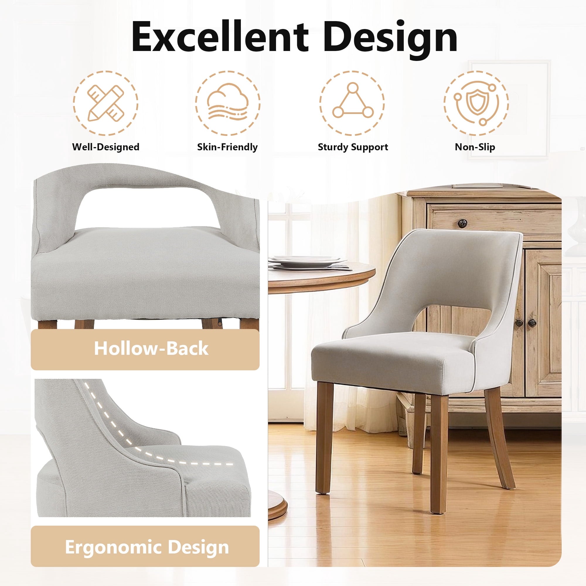 Set of 4 Modern Wooden Dining Chairs – Linen Fabric with Cutout Back