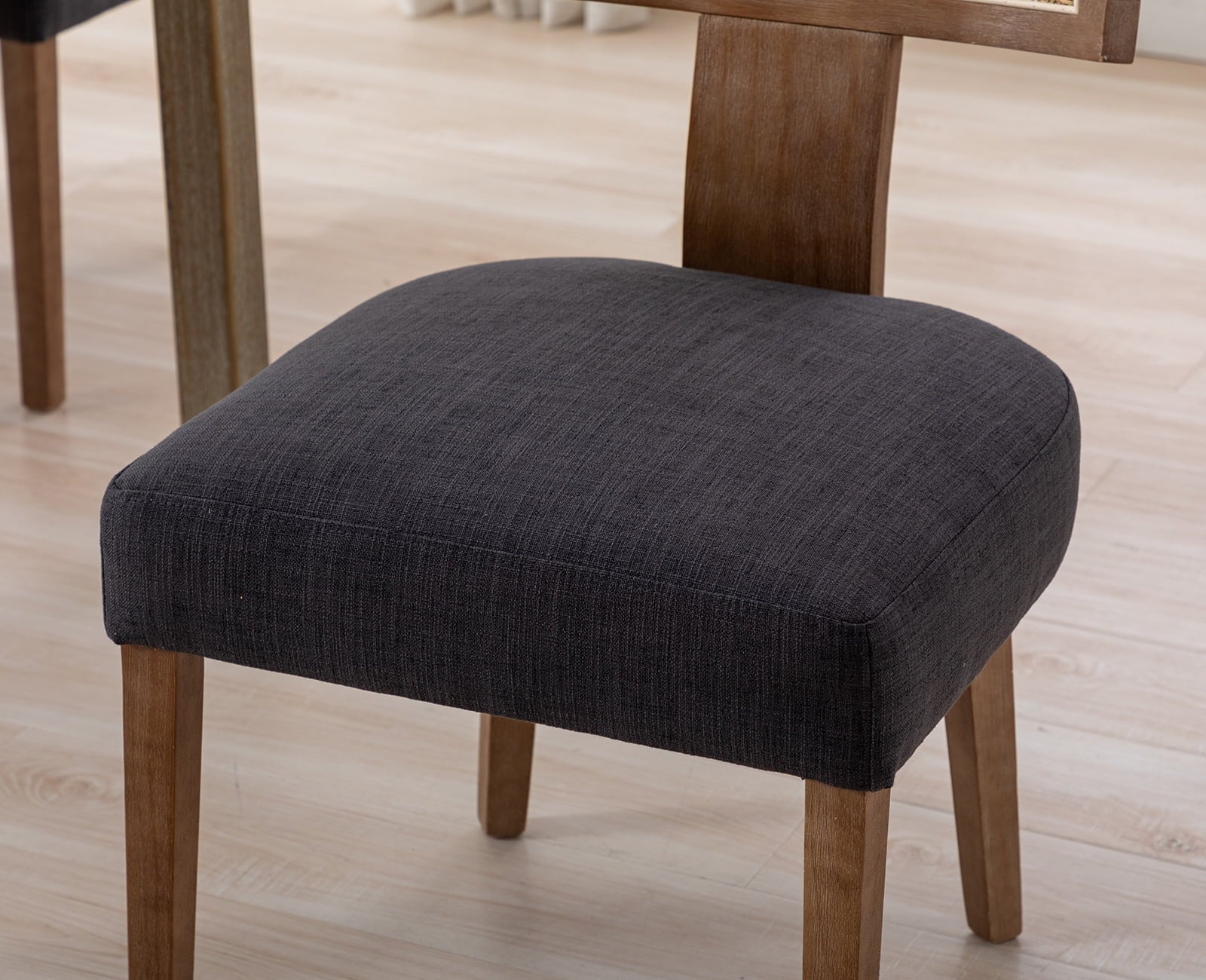 Modern Rattan Backrest Dining Chairs Set of 2, Mid-Century Farmhouse Linen Upholstered Kitchen Chairs Solid Wood Side Chairs for Kitchen Dining Room Living Room, Charcoal