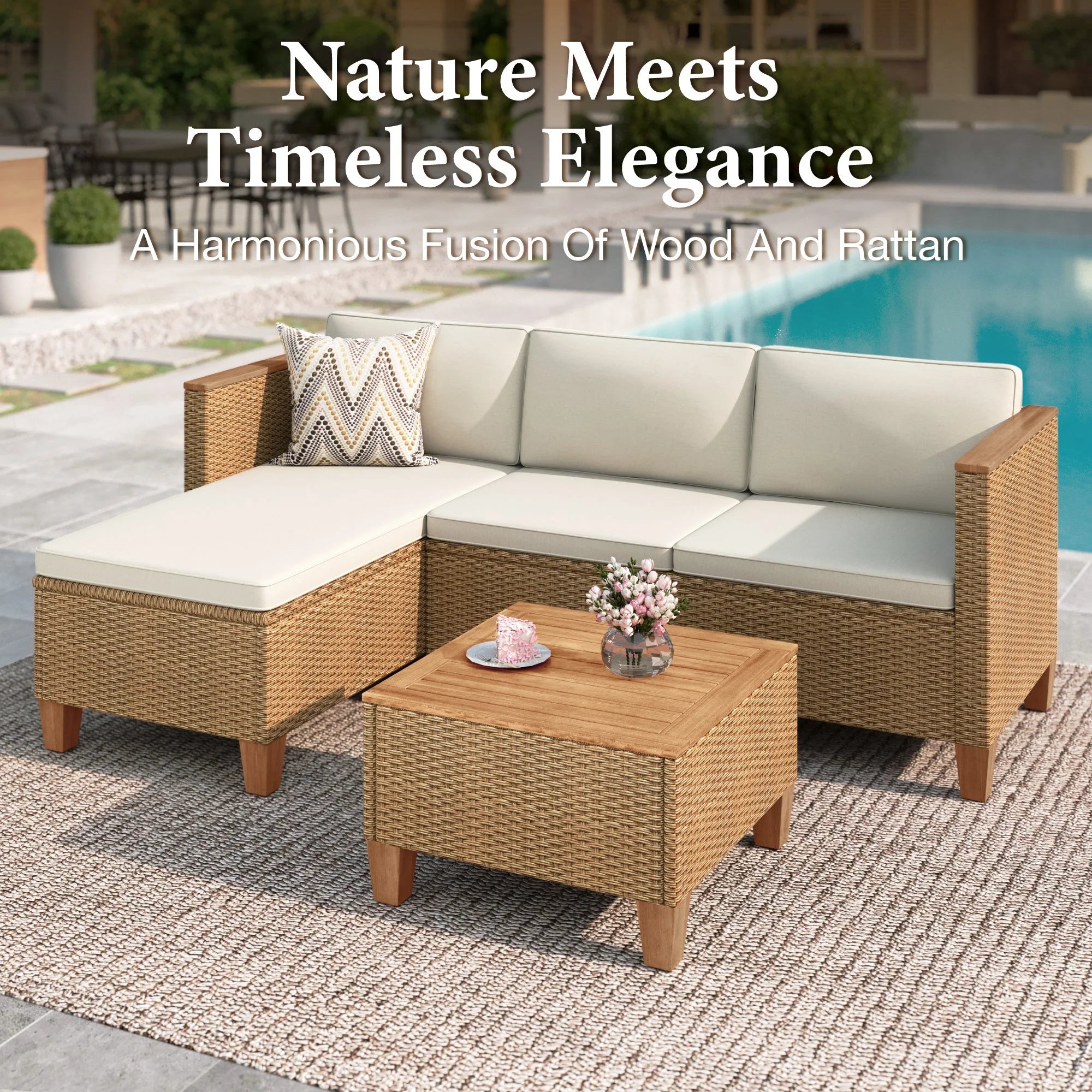 3-Piece Patio Furniture Conversation Set, Weather-Resistant Wicker Outdoor Sectional Sofa Set with Table & Cushions, Small Balcony & Porch Friendly