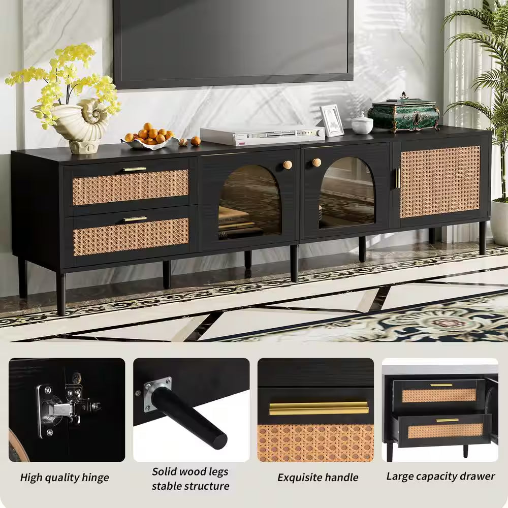 Rattan Black TV Stand Entertainment Center Fits Tv'S up to 80 In. with 2 Drawers, 3 Cabinets and LED Light