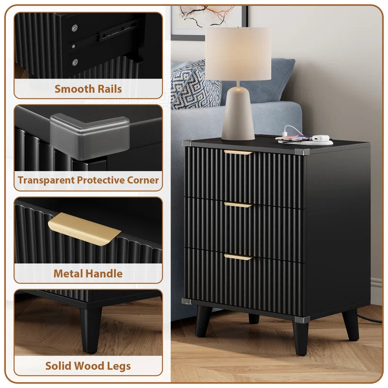 Nightstand with Charging Station, 3 Drawers With 2 USB Ports and 2 AC Outlets