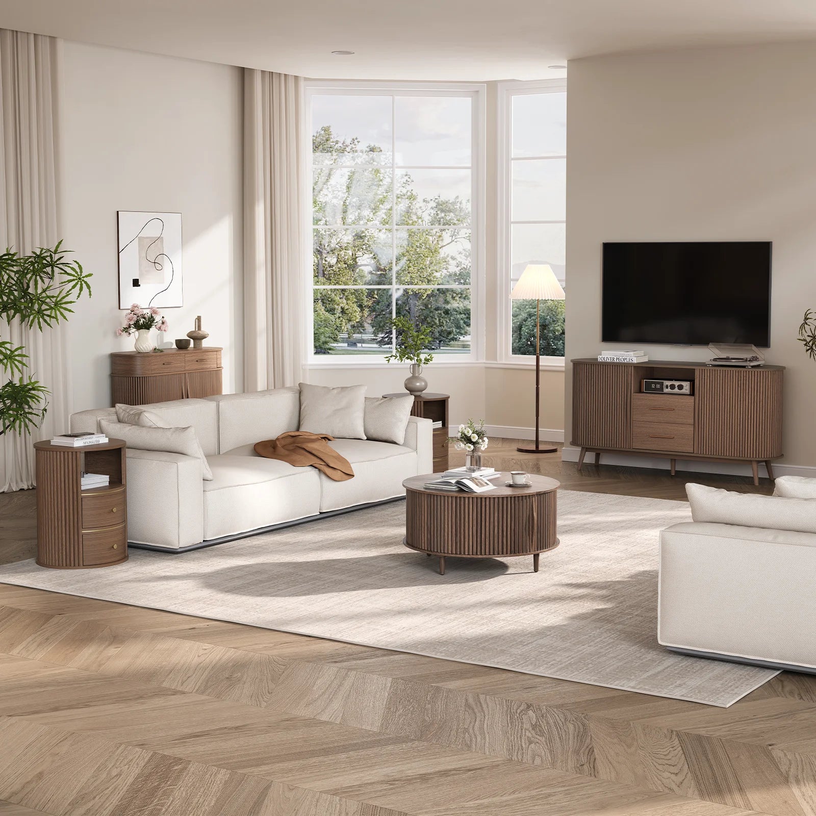 Round Walnut Coffee Table with Sliding Door Storage – Mid-Century Modern