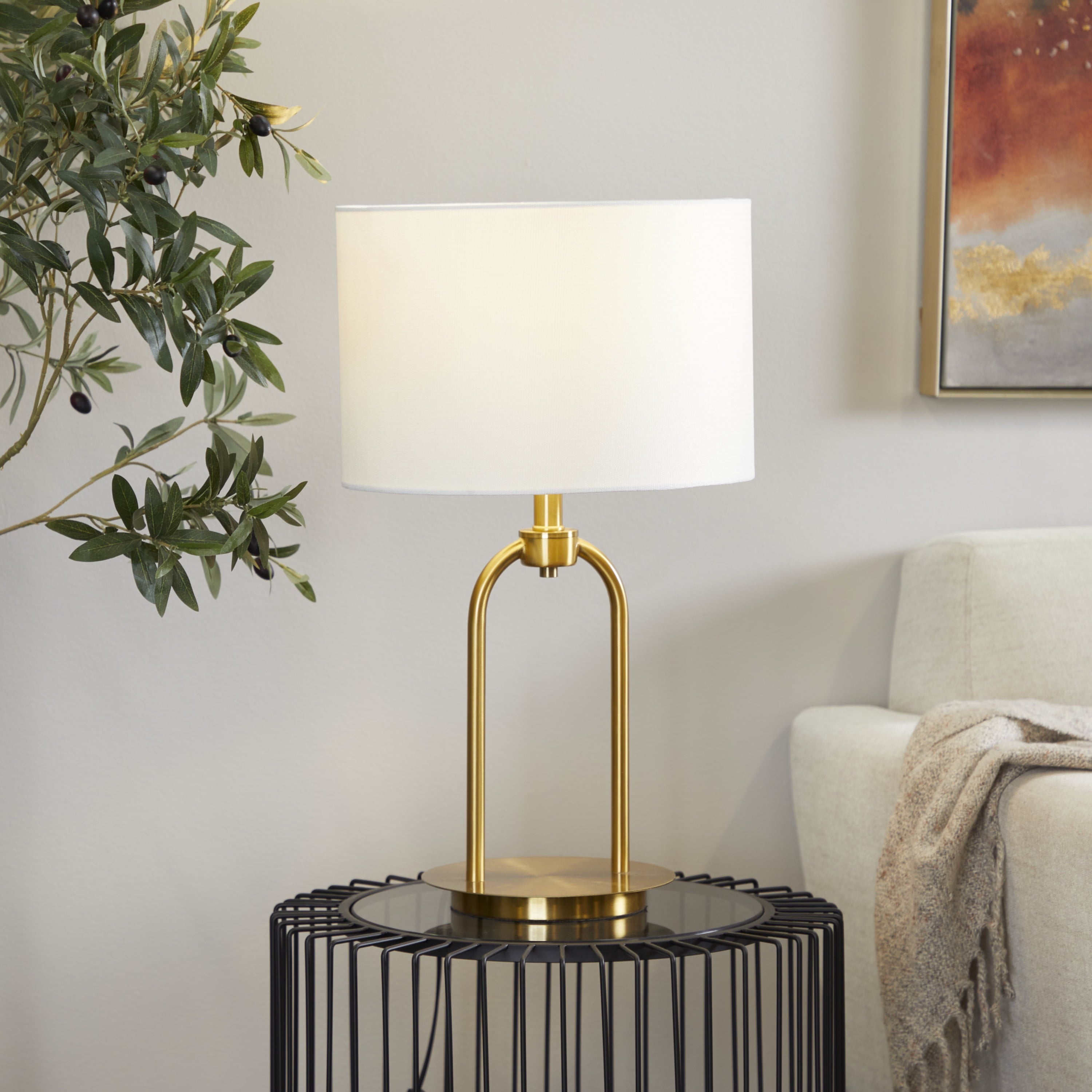 19" Arched Gold Table Lamp with White Linen Shade
