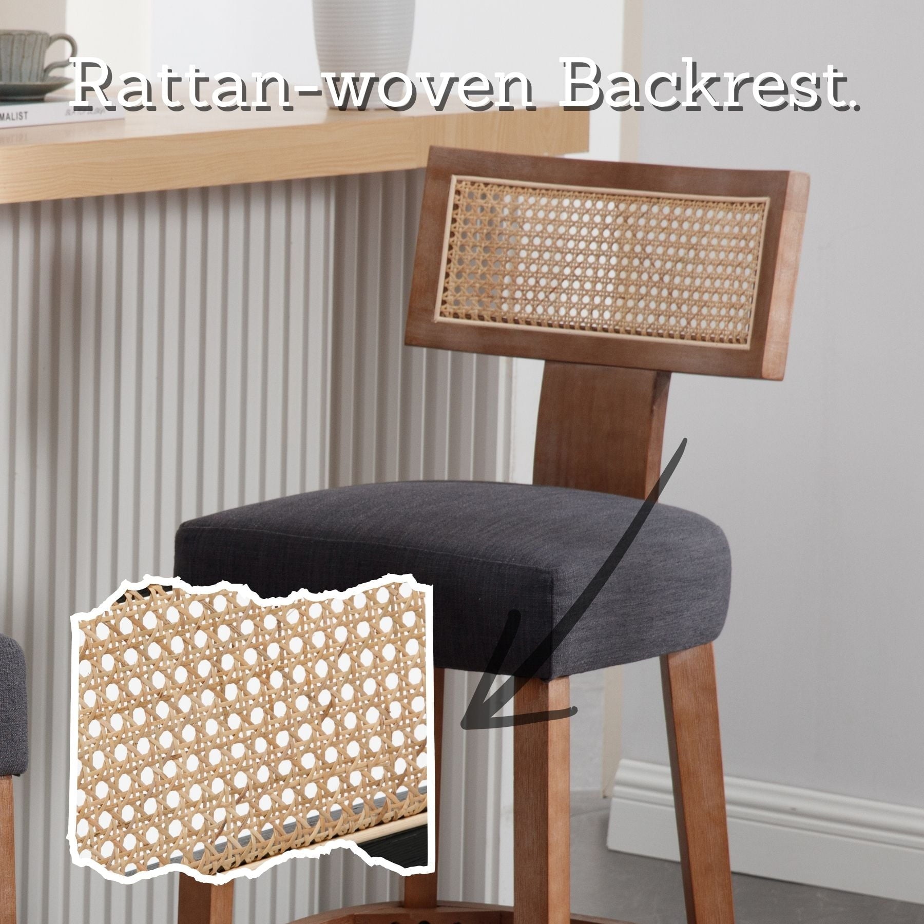 Set of 2 Charcoal Rattan Bar Stools – 26" Modern Farmhouse