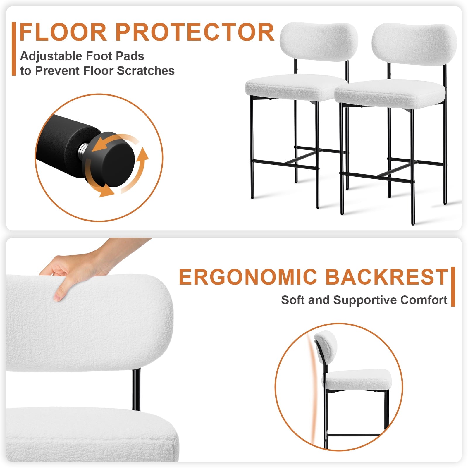 Set of 2 White Bouclé Bar Stools – 26" Counter Height with Backrest