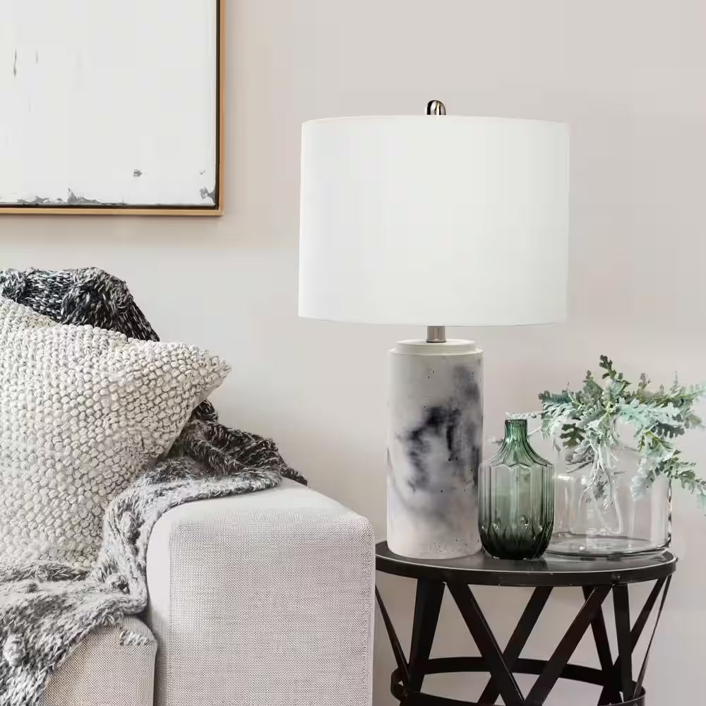 White Marbleized Table Lamp with White Fabric Shade 24.50 In.