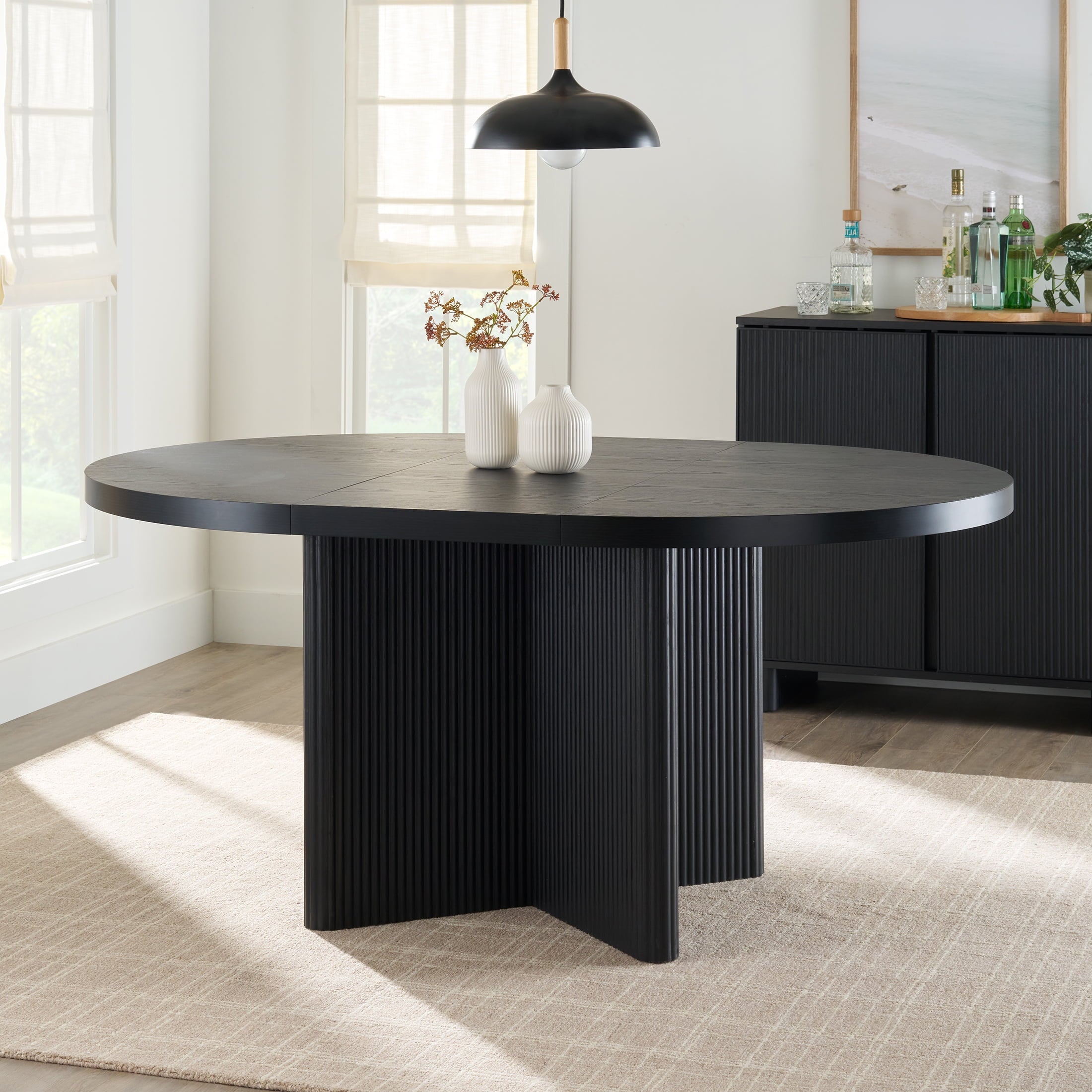 Round Expandable Dining Table, Black Wood Finish