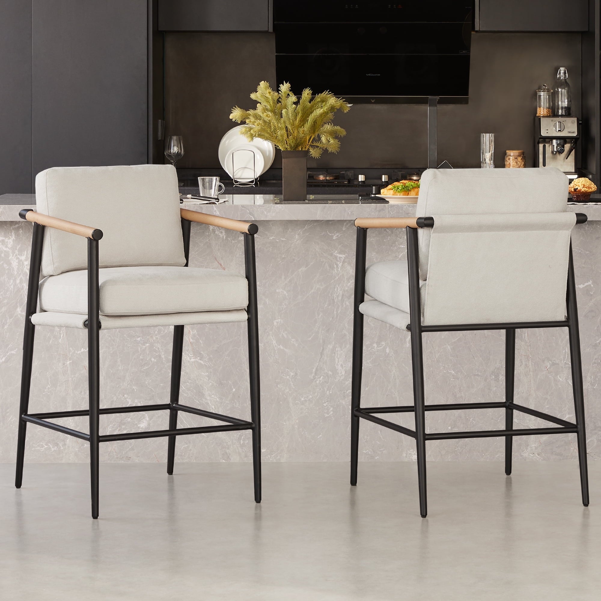 Modern Upholstered Bar Stools with Metal Frame and Wooden Armrests, Fabric in Beige