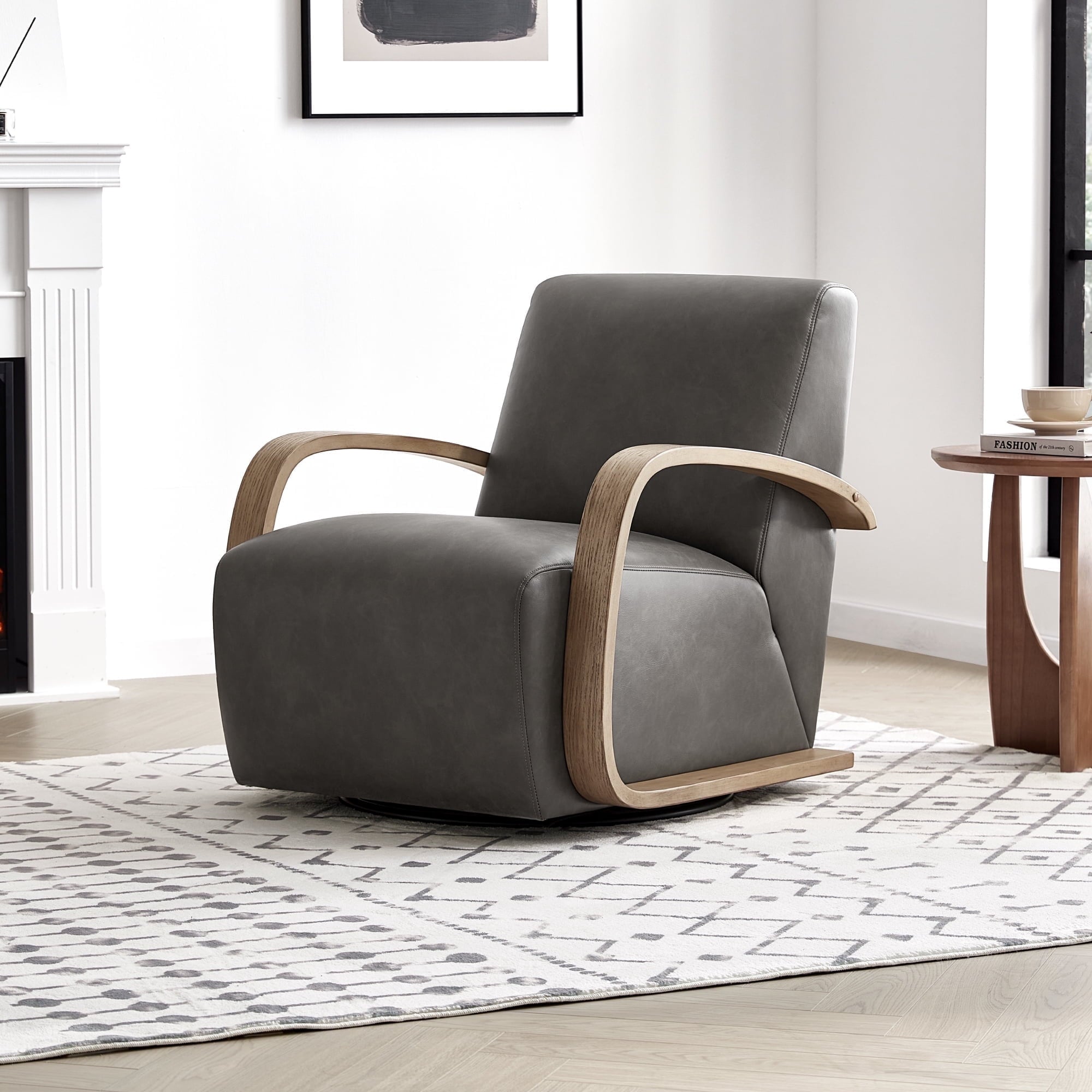 Swivel Accent Chair with U-Shaped Wood Arm for Living Room Beedroom, Dark Gray Faux Leather&Gray Wood