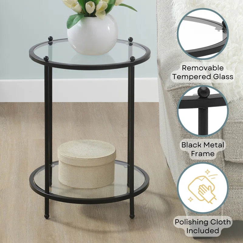 Hommeco Round Glass End Table with Metal Shelf