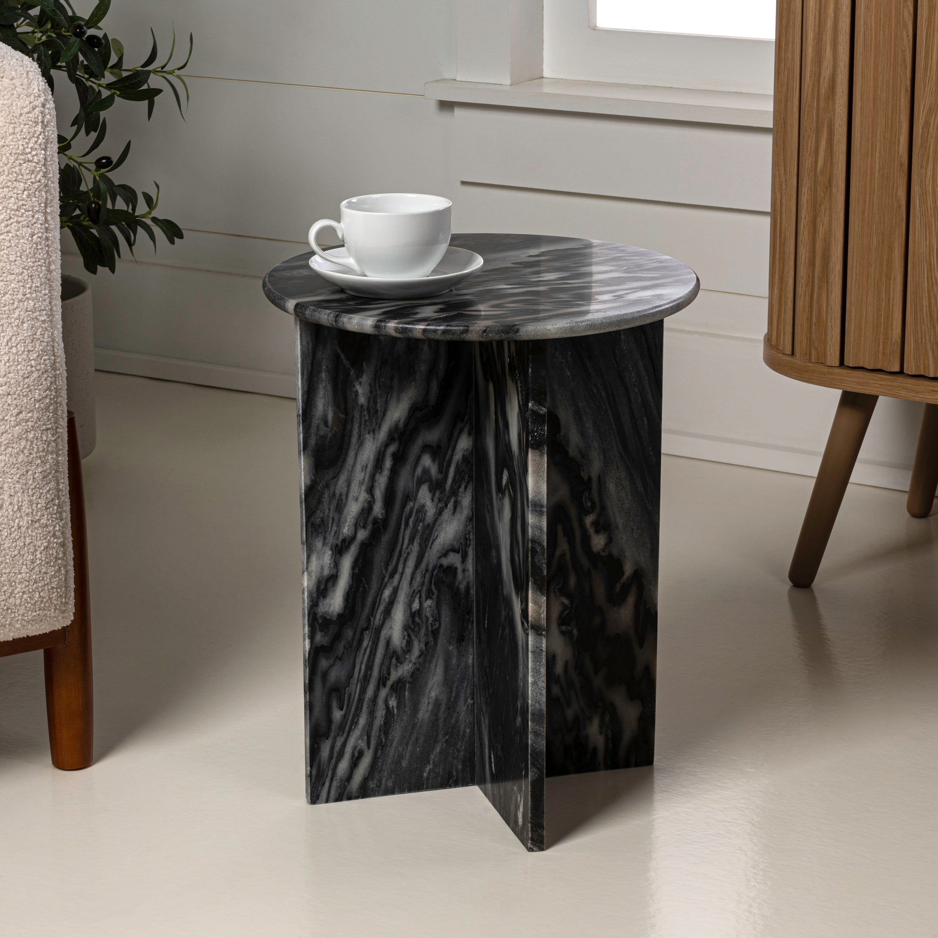 Elevate Your Space with the Javier Minimalist Round Solid Marble End Table - Chic Geometric X-Cross Base for Living Room or Bedroom