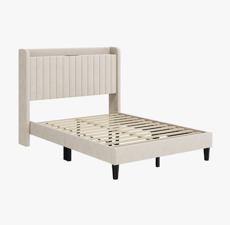 Hommeco Upholstered Bed Frame - with Charging Outlets & USB Ports