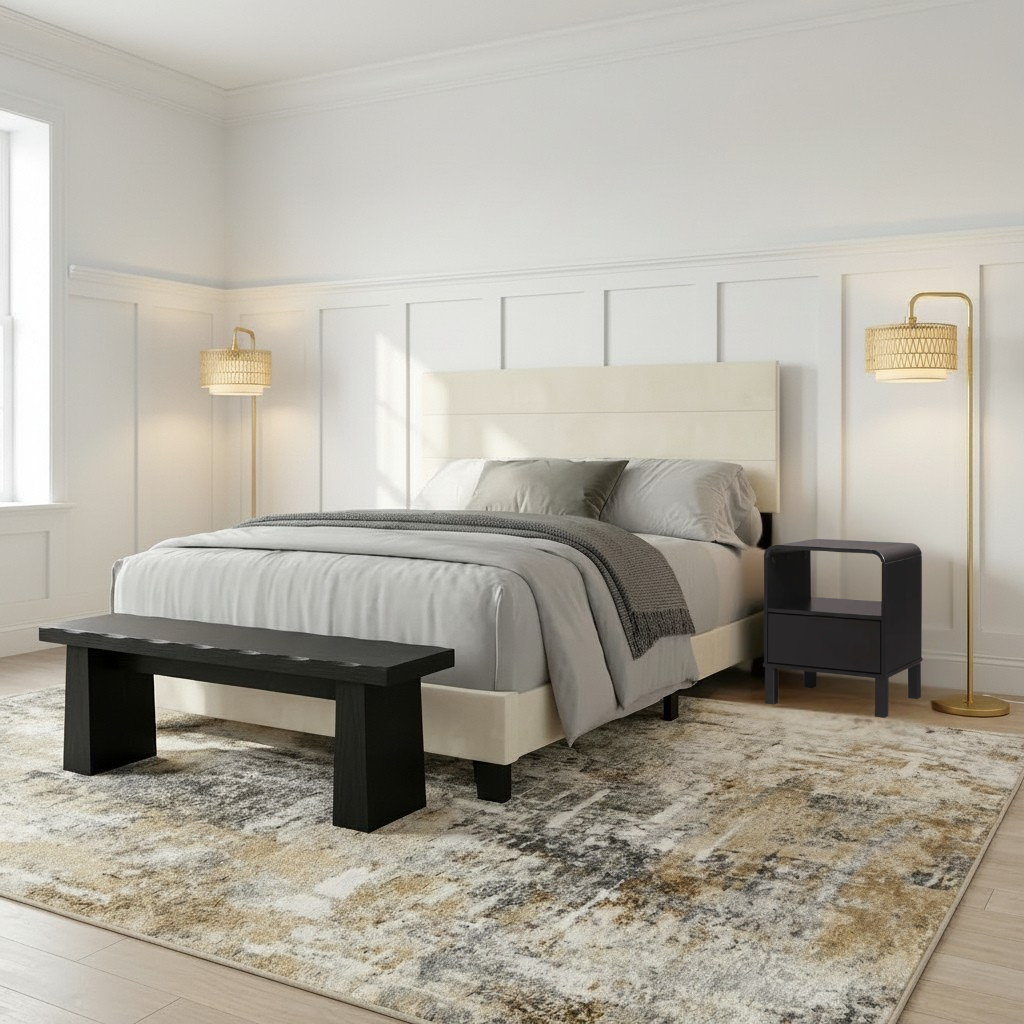 Hommeco Queen Beige Wood Panel Bed with Headboard