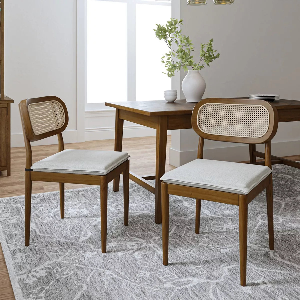 Modern Rattan Dining Chair with Solid Wood Legs (set of 2)