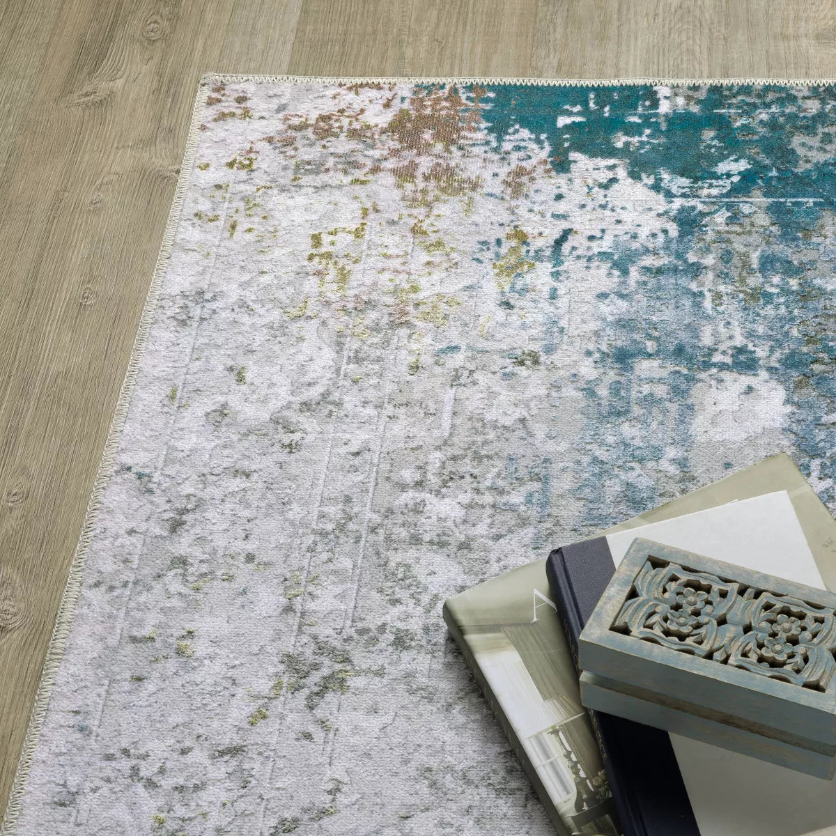 Washable Faded Oriental Indoor Area Rug Ivory/Blue