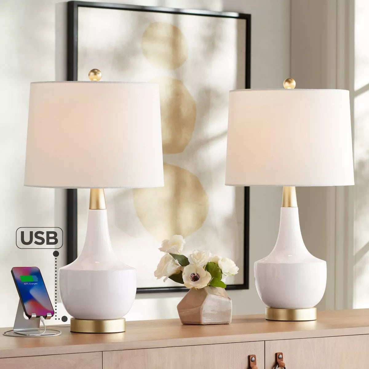 Nesbit White Ceramic & Gold Table Lamps (Set of 2) with USB Port