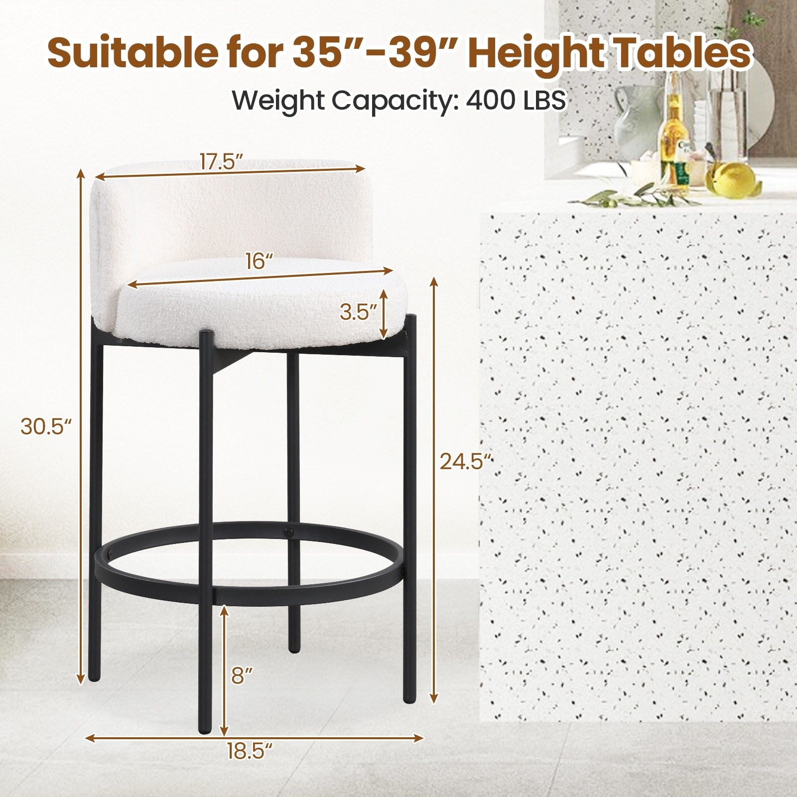 Hommeco Boucle Counter Stools - Curved Backrest & Metal Frame (Set of 2)