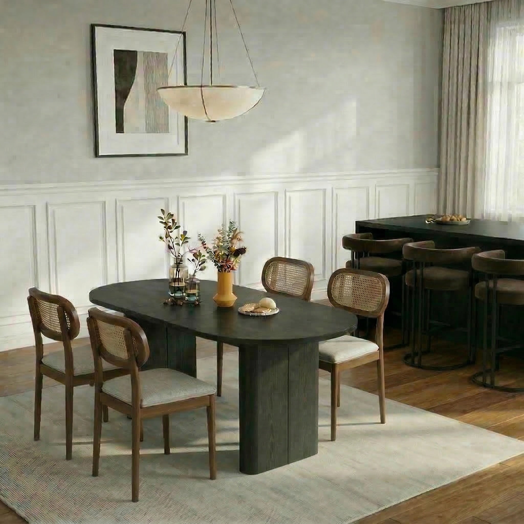 Hommeco Modern Solid Wood Dining Chair with Rattan Back (Set of 2)