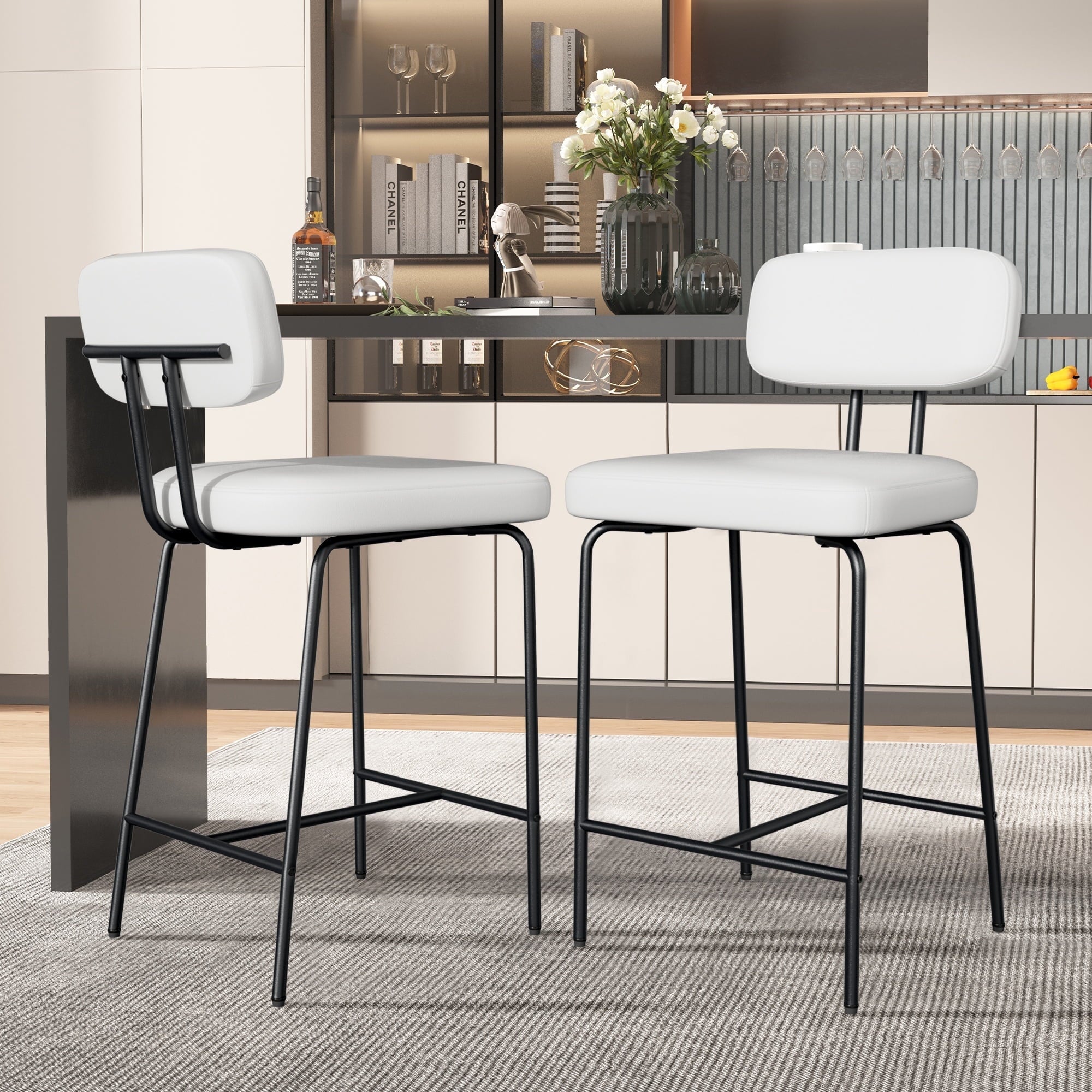 Set of 2 White PU Leather Bar Stools – 26" Counter Height with Back