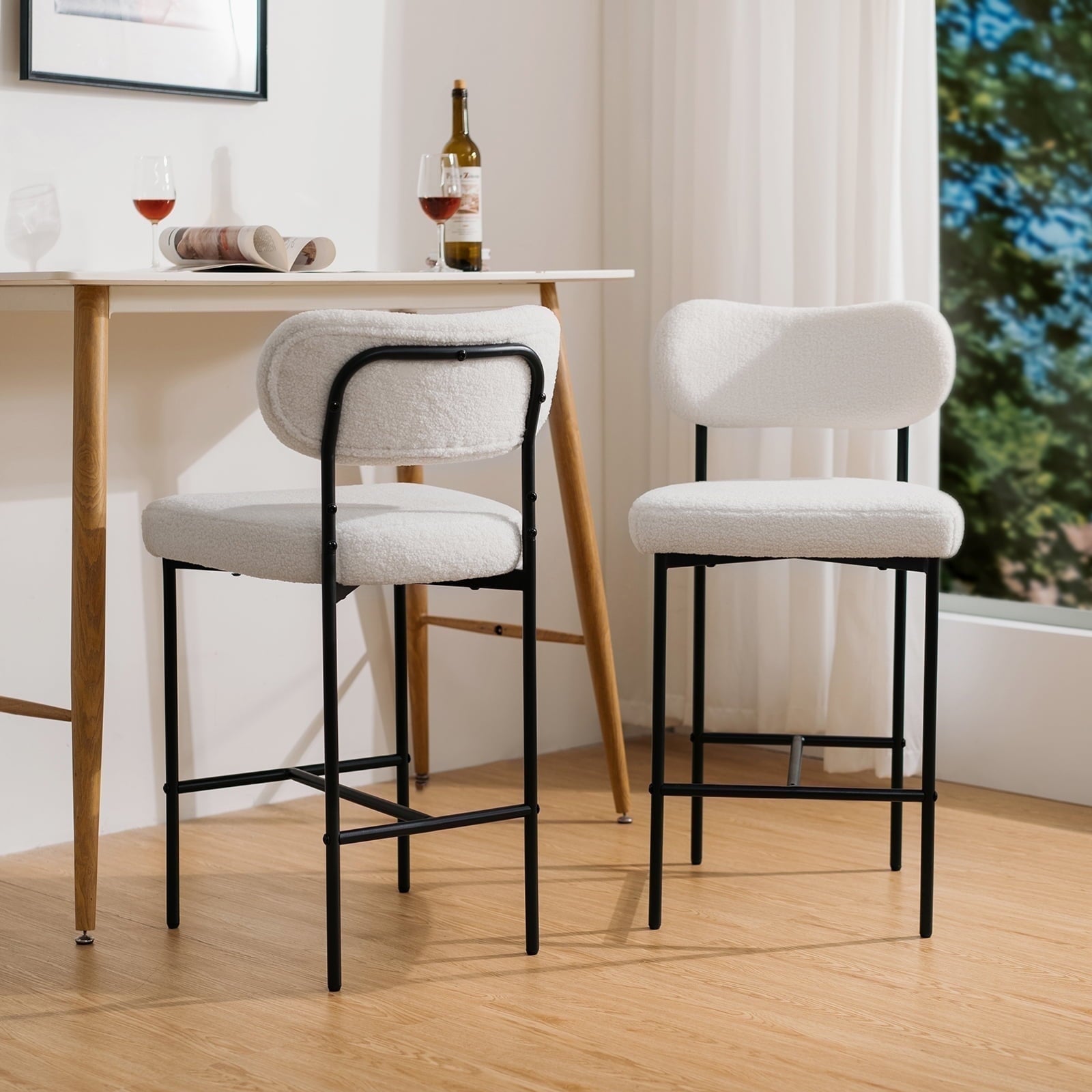 Set of 2 White Bouclé Bar Stools – 26" Counter Height with Backrest