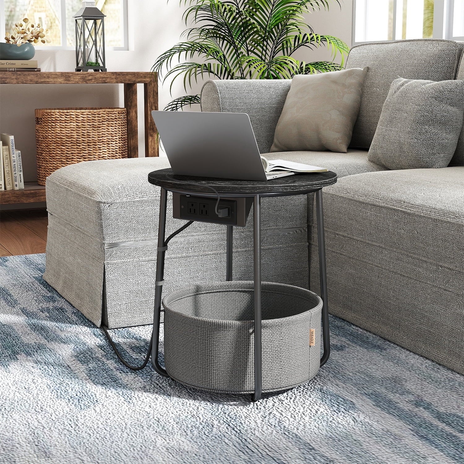 Round Charging Side Table with Fabric Basket – Ebony & Slate Gray