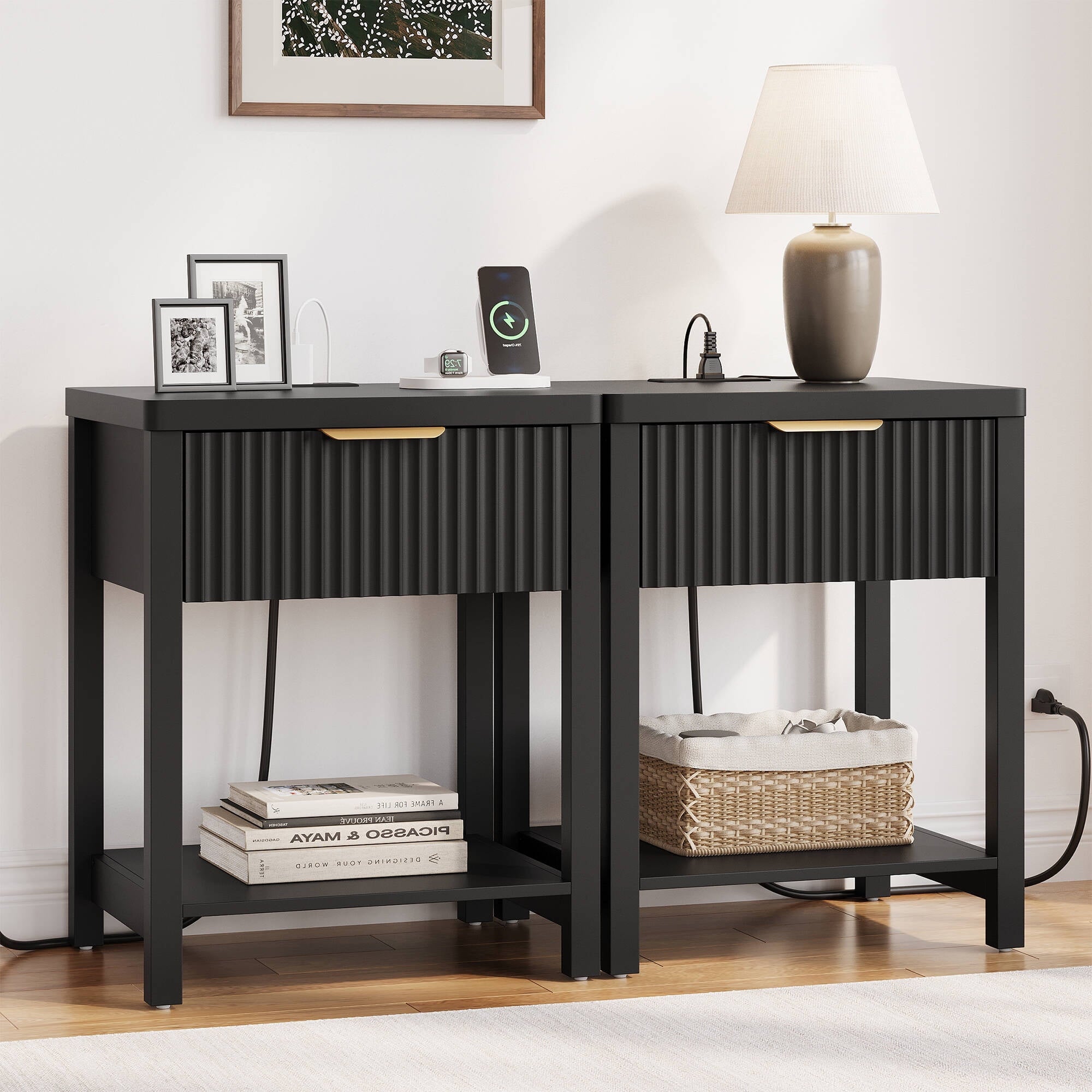 Modern Fluted Bedside Tables (Set of 2) | Integrated Power & Storage