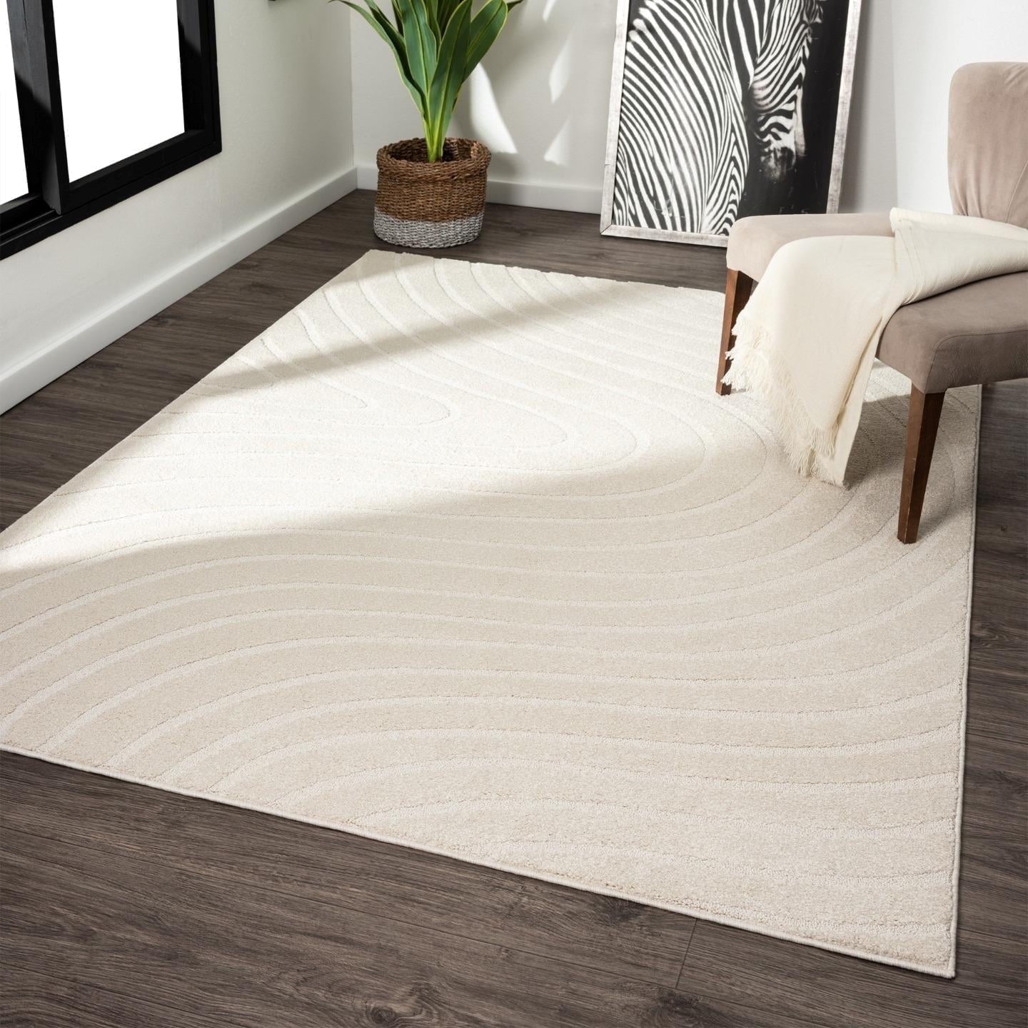 Modern Geometric Wave Cream 8X10 Area Rug, Stain Resistant Carpet