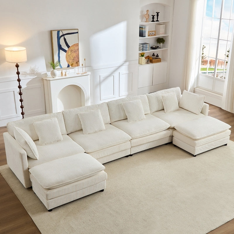 148''Oversized Modular Sectional Sofa, U-Shaped 6-Seater Corduroy Upholstered Deep Seat Sofa with 2 Movable Ottomans