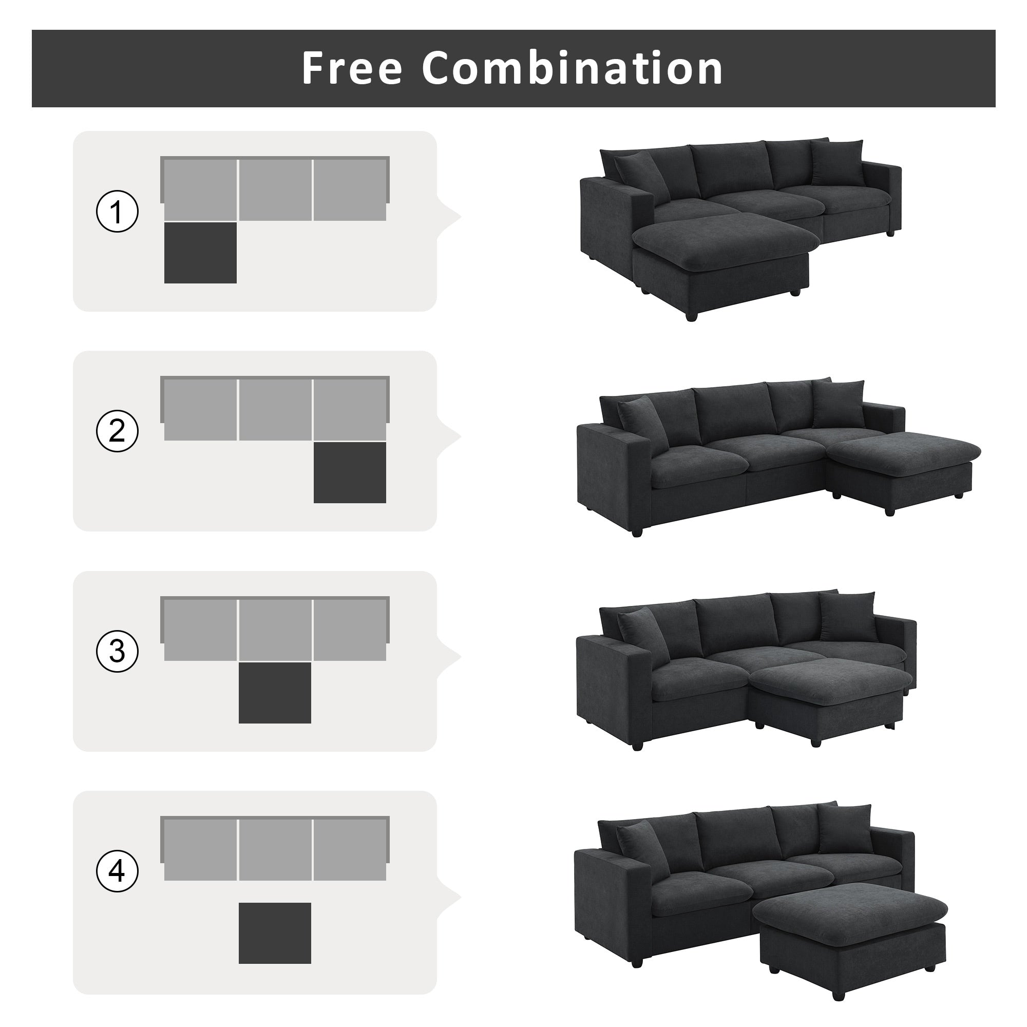 Modern 4-Seat Sectional Sofa L-Shaped Couch Set with 2 Free Pillows, with Convertible Ottoman for Livingroom