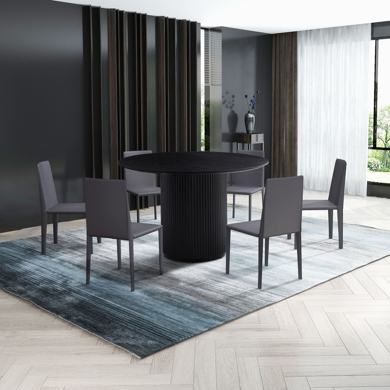 Modern Black Gray 4-6 People round Dining Table with Roman Columns for Dining Room