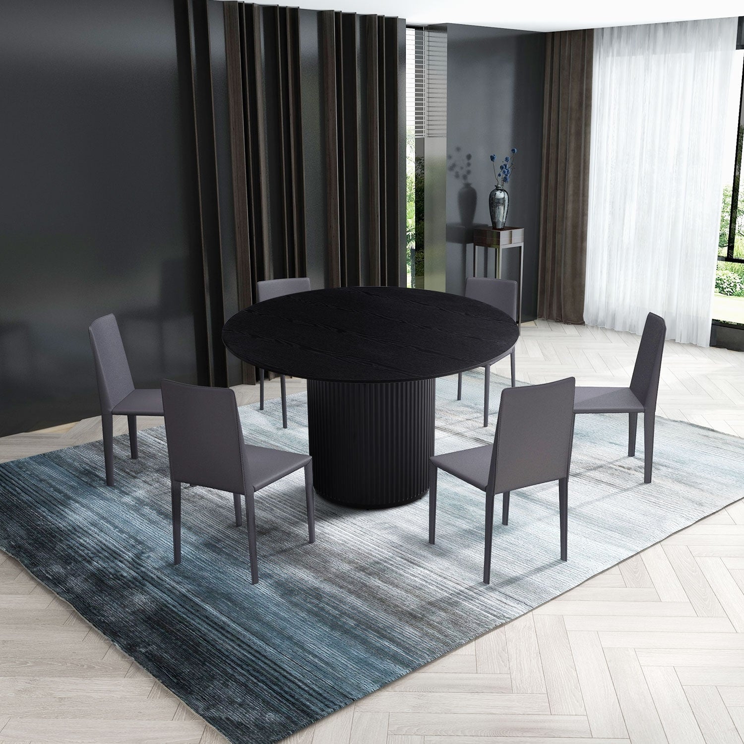 Modern Black Gray 4-6 People round Dining Table with Roman Columns for Dining Room
