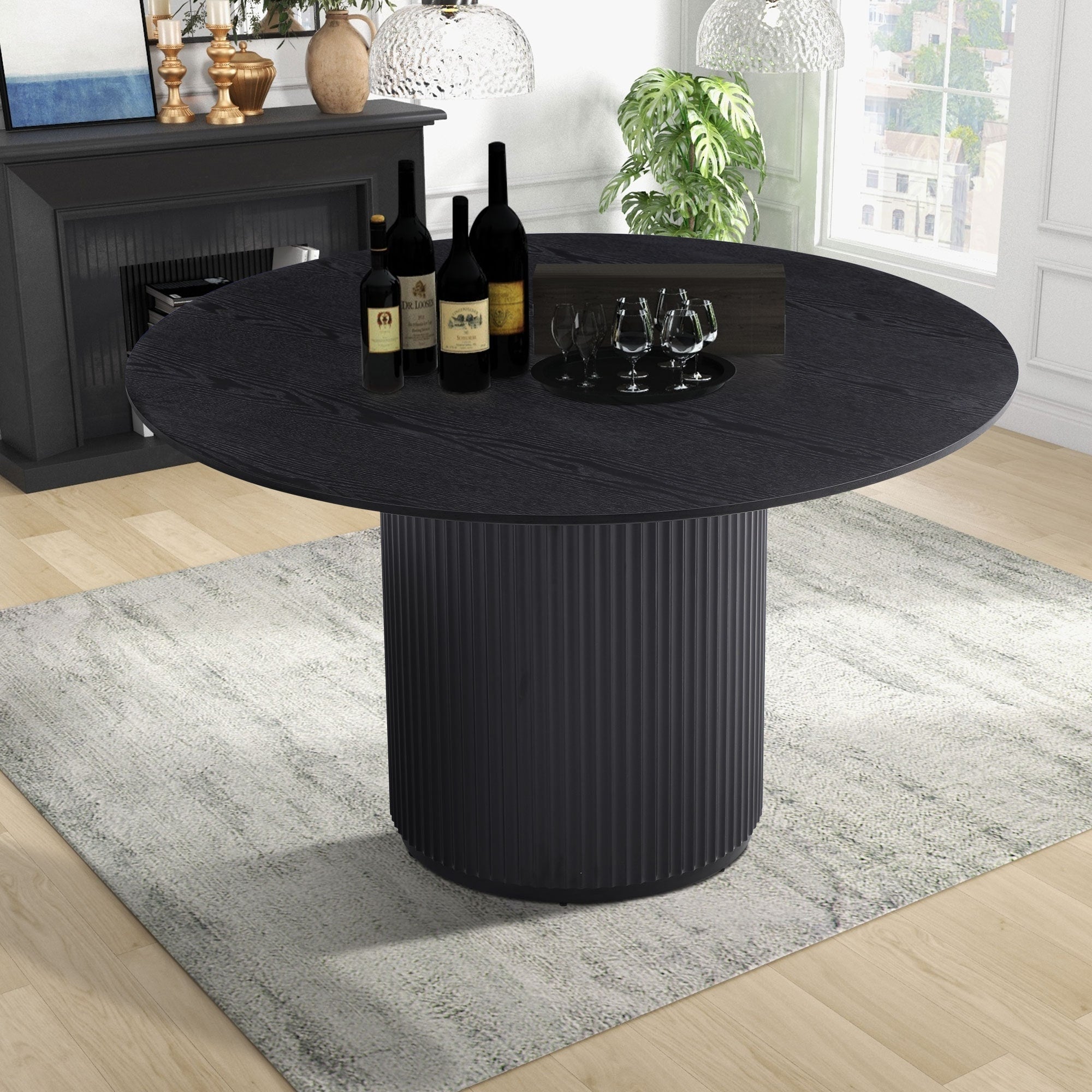 Modern Black Gray 4-6 People round Dining Table with Roman Columns for Dining Room