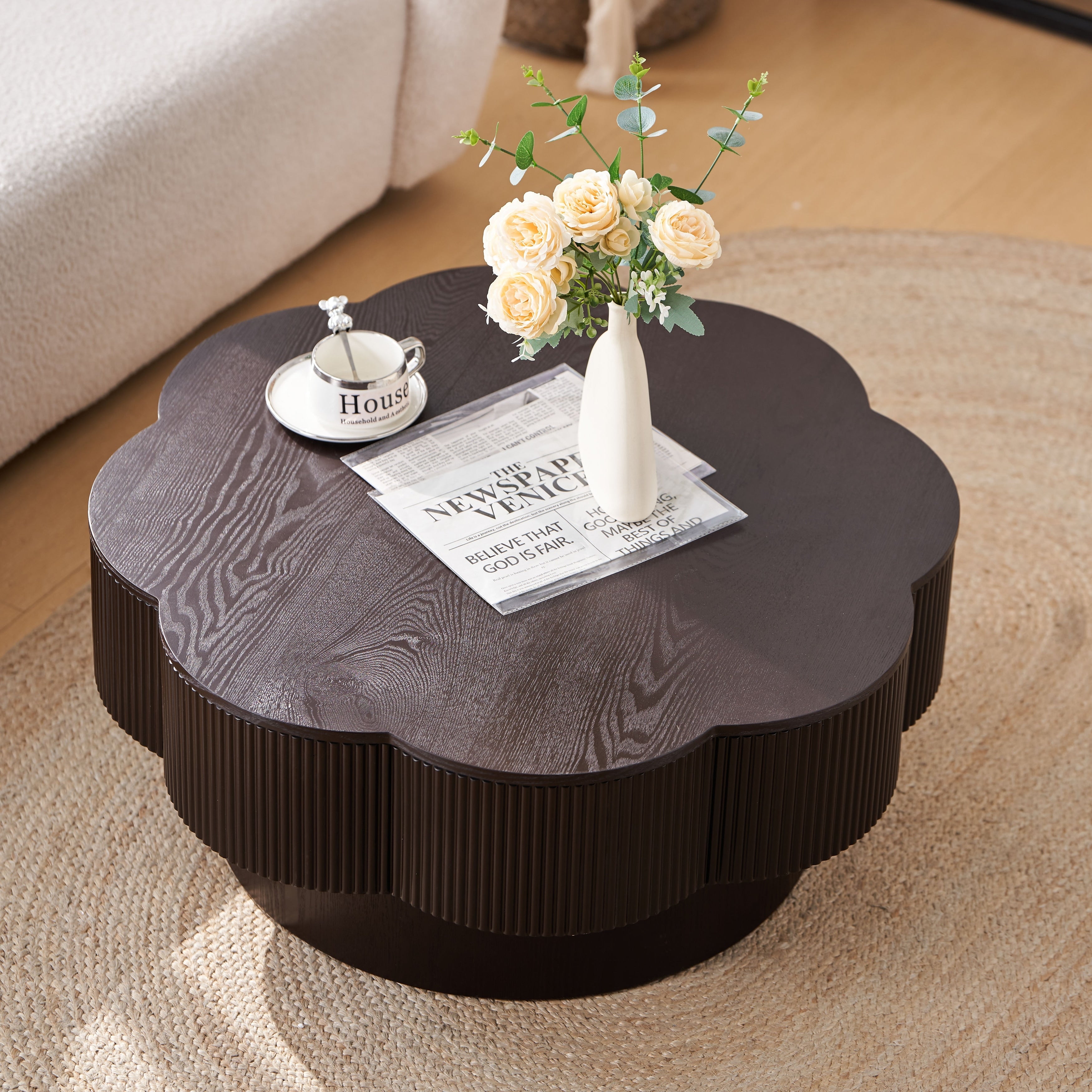 Modern Solid Wood Veneered Round/Oval/Rectangular Coffee Tea Table with Storage.