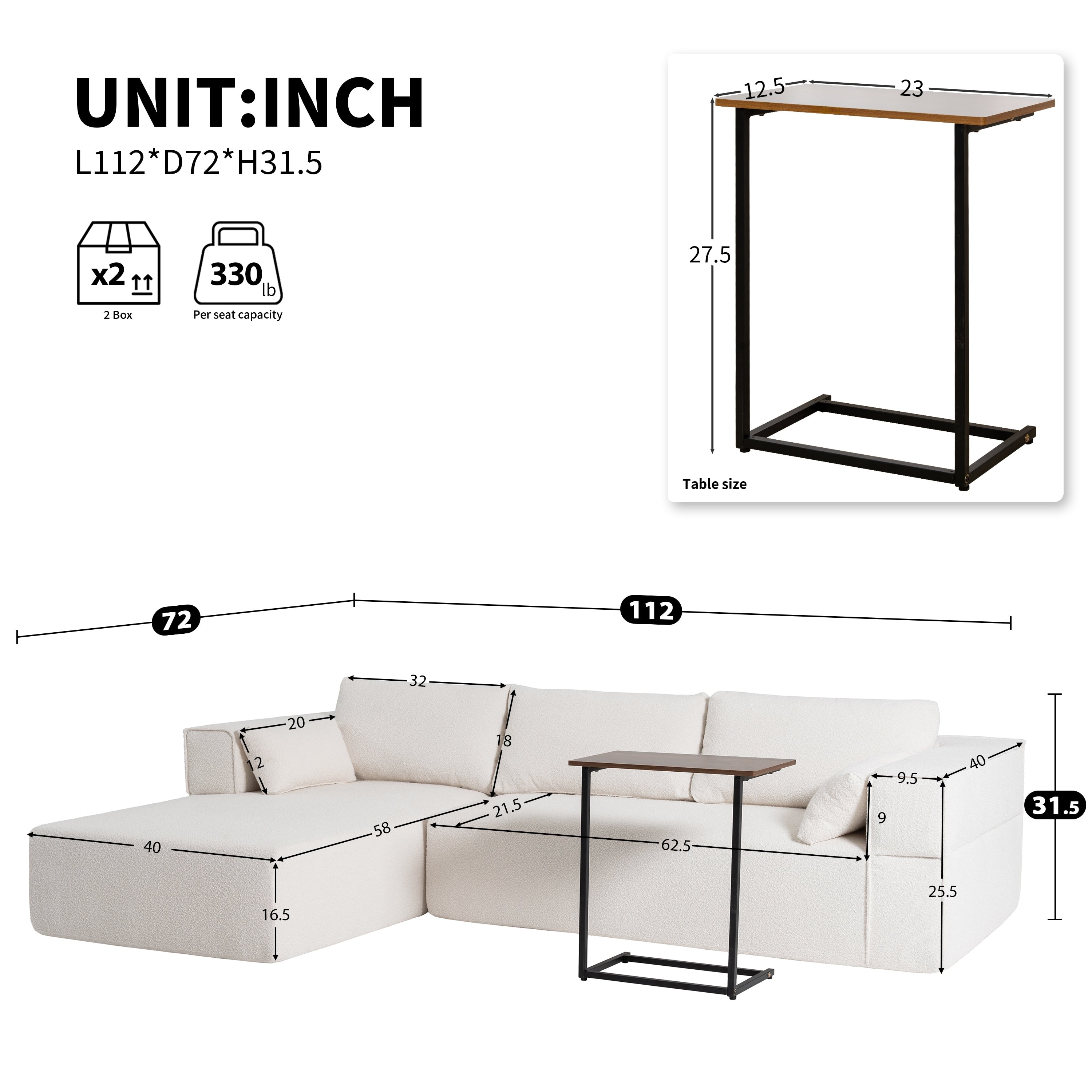 Cloud Modular Sectional Sofa with Side Table & L-Shaped Chaise