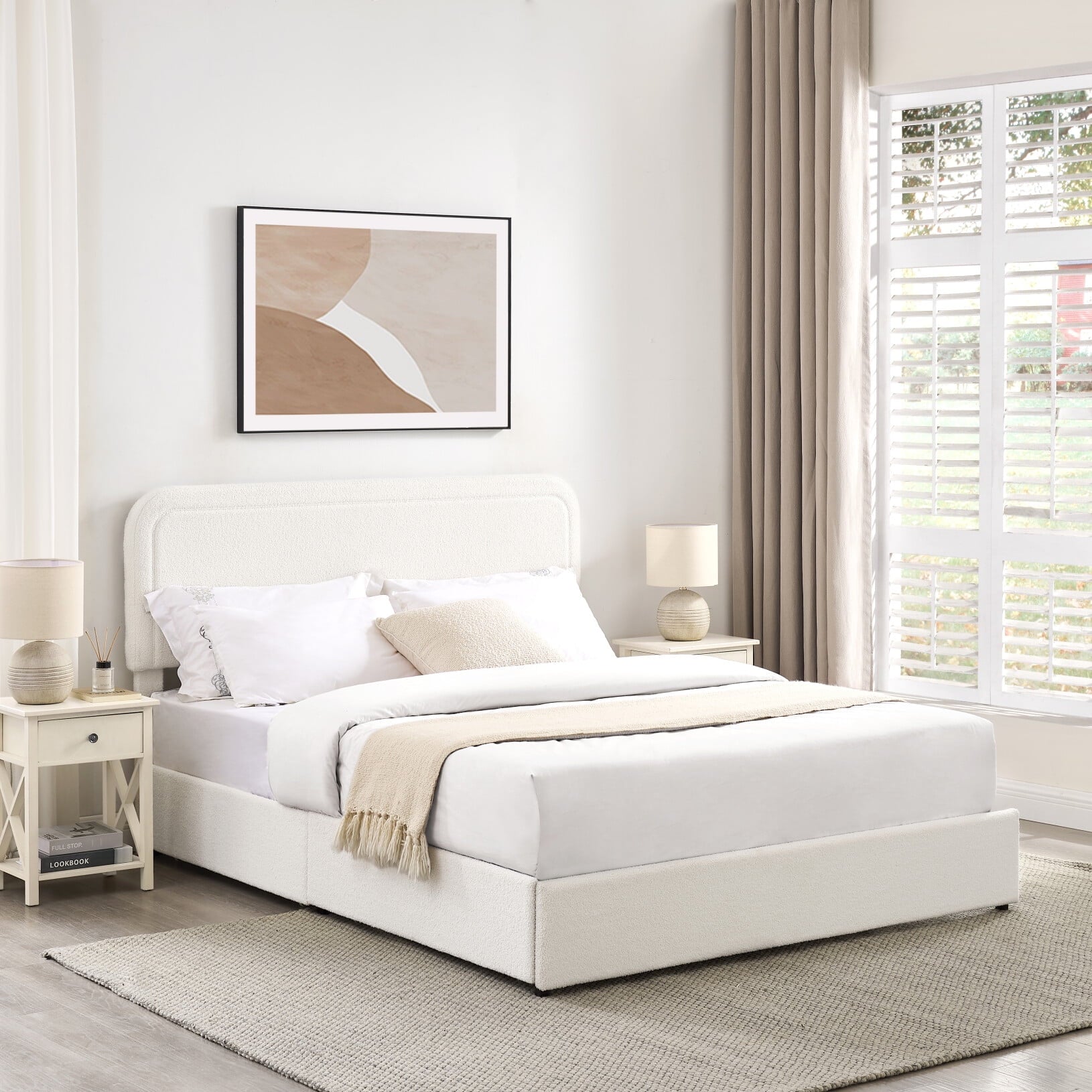 Ivory Bouclé Queen Storage Bed – Curved Tufted Headboard with 2 Drawers