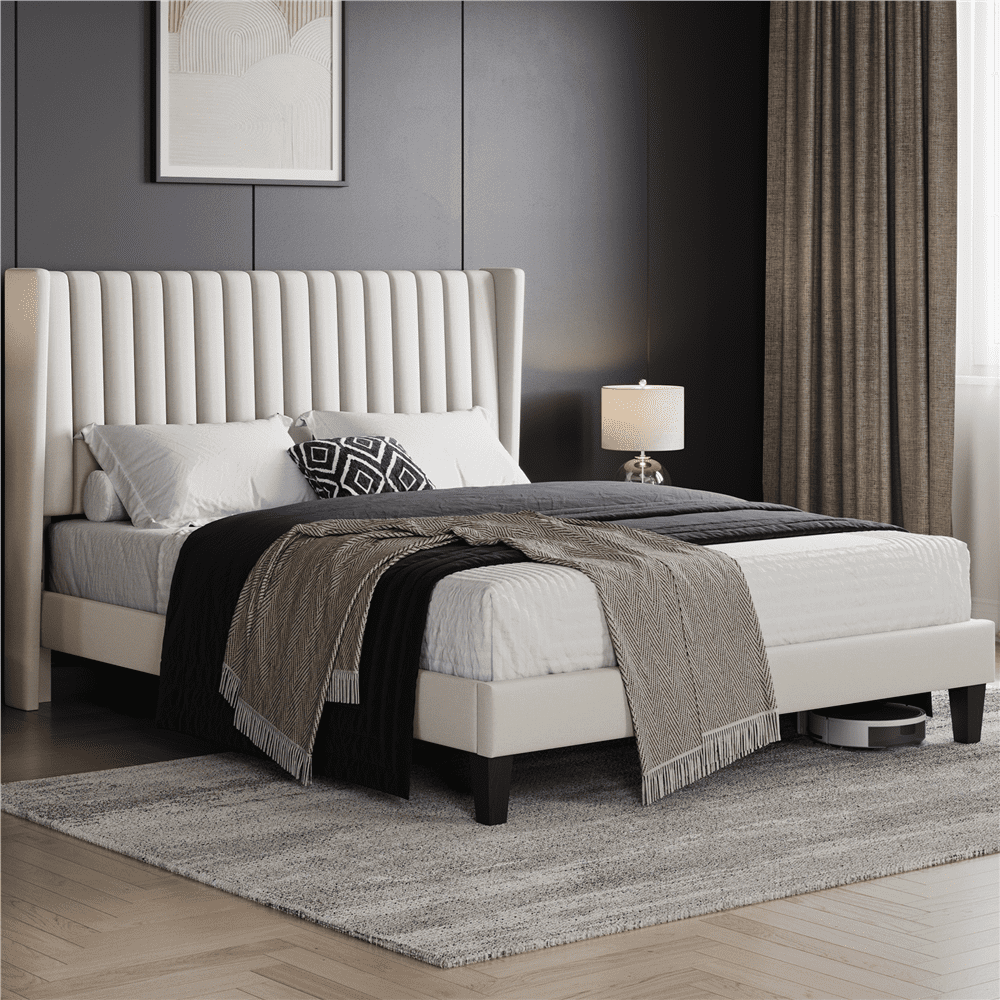 Hommeco Ivory Upholstered Wingback Queen Platform Bed