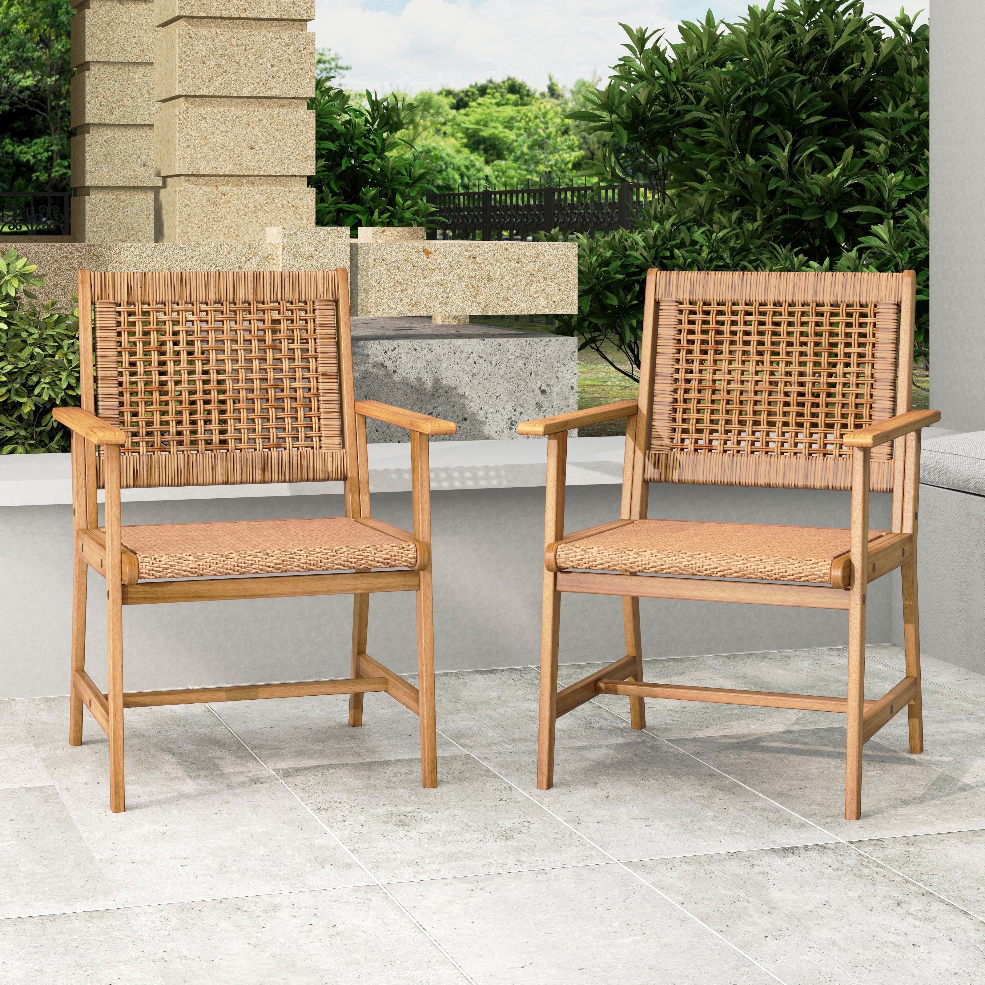 2-Piece Acacia Wood Patio Dining Chairs (Weight Capacity 350 Lbs) with Rattan Seat & Back, Natural Wood Outdoor Chairs
