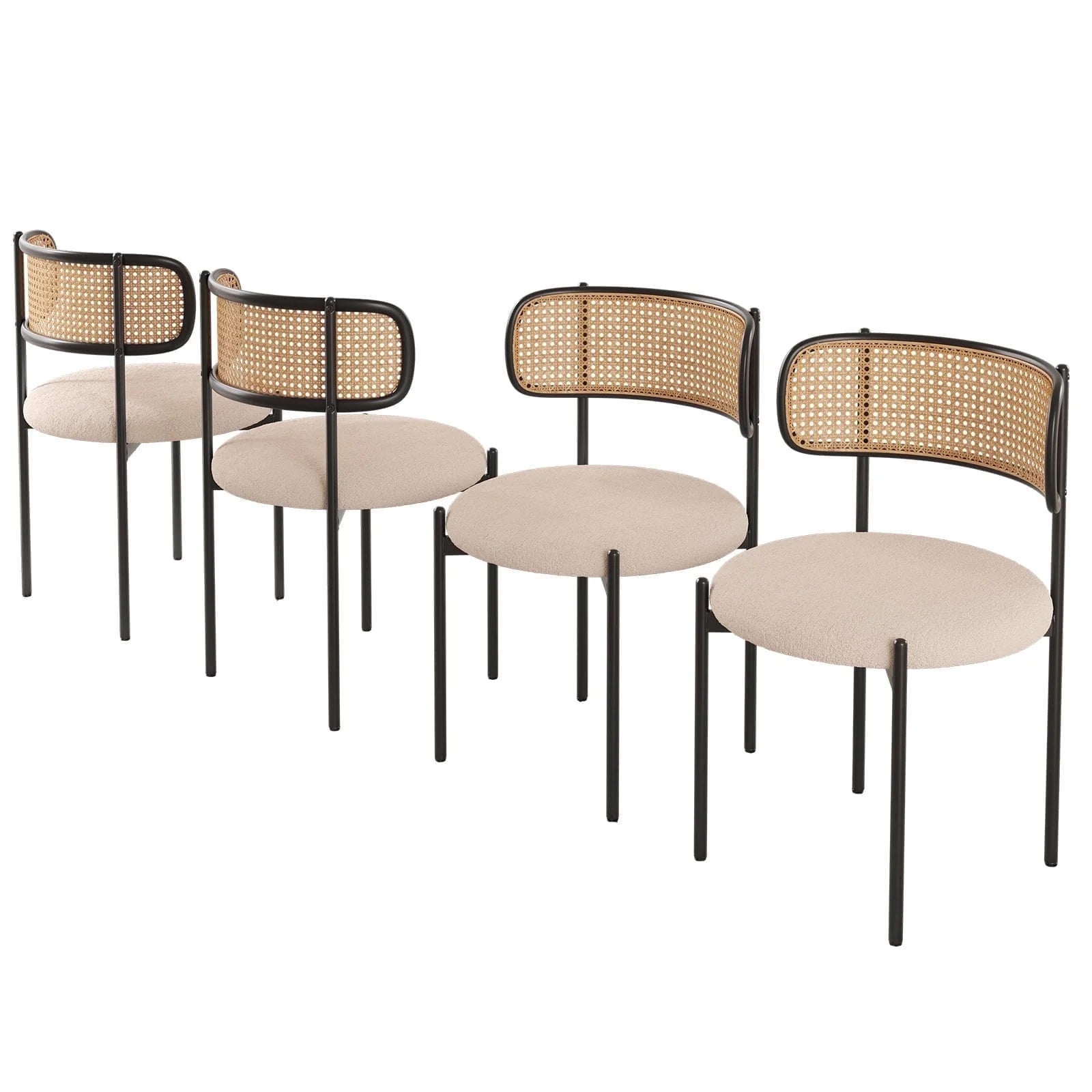 Upholstered Dining Chair Set of 4, Rattan Backrest Kitchen Chair, Light Brown