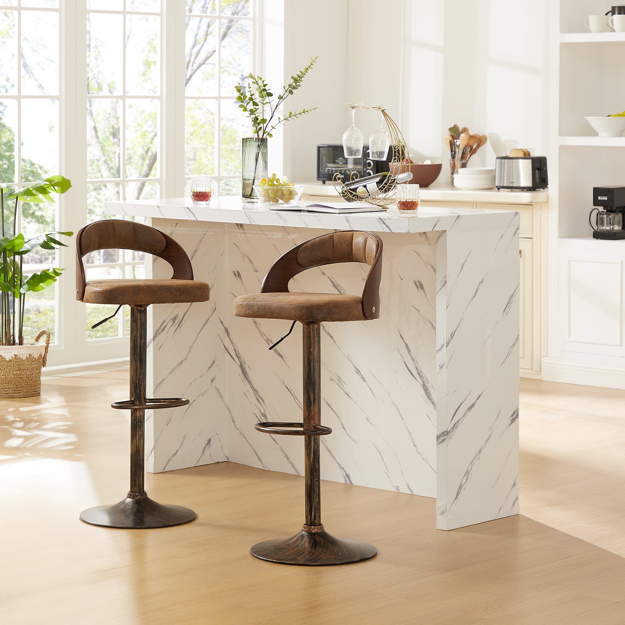 Set of 2 Swivel Bar Stools – Adjustable Height Dark Brown PU Leather