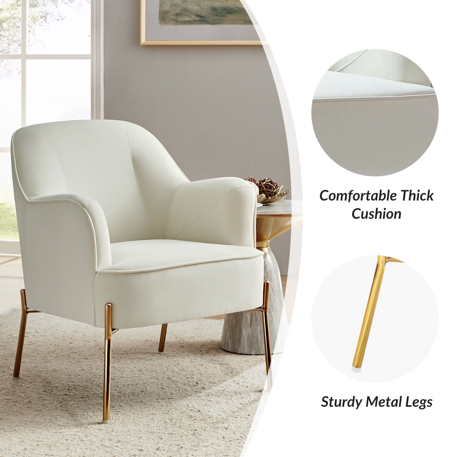 Mid-Century Modern Velvet Upholstered Accent Chair Metal Legs Curved Backrest Lounge Home Armchair Bedroom Ivory