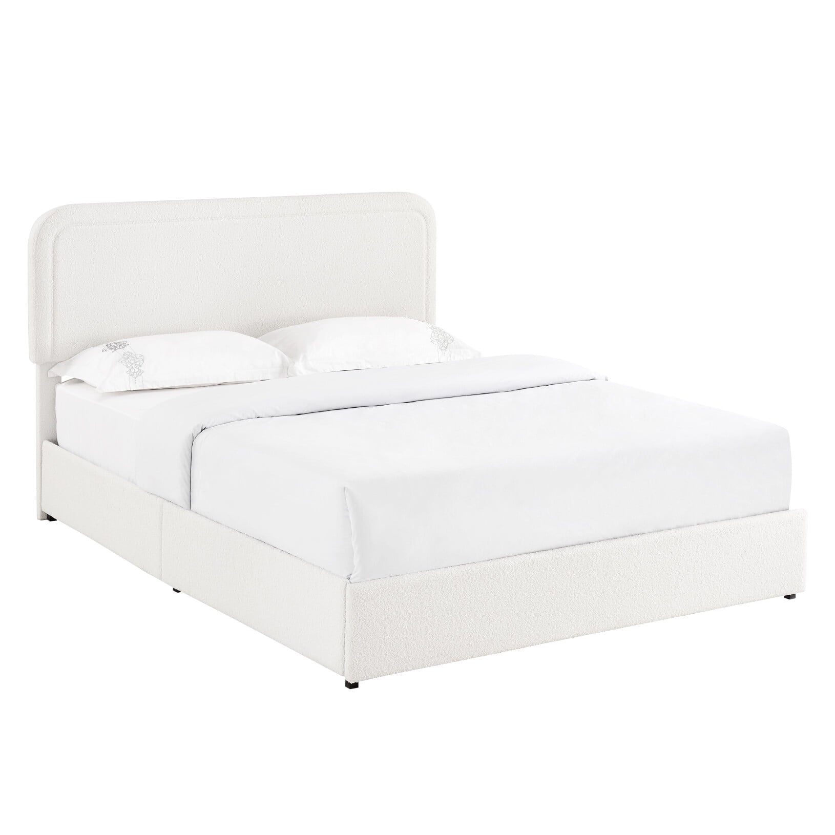 Ivory Bouclé Queen Storage Bed – Curved Tufted Headboard with 2 Drawers