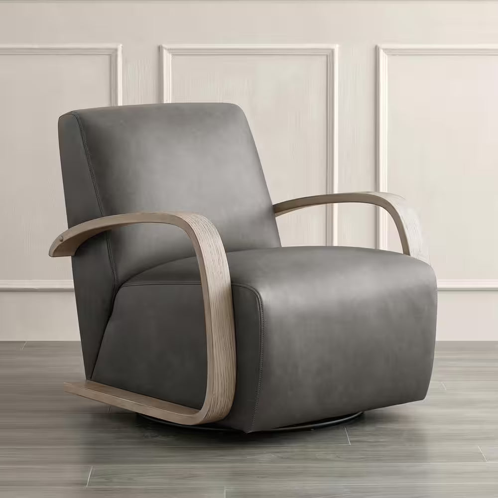 Ella Dark Grey Leather Swivel Accent Chair with Grey Solid Wood Arm Modern Armchair for Living Room or Bedroom