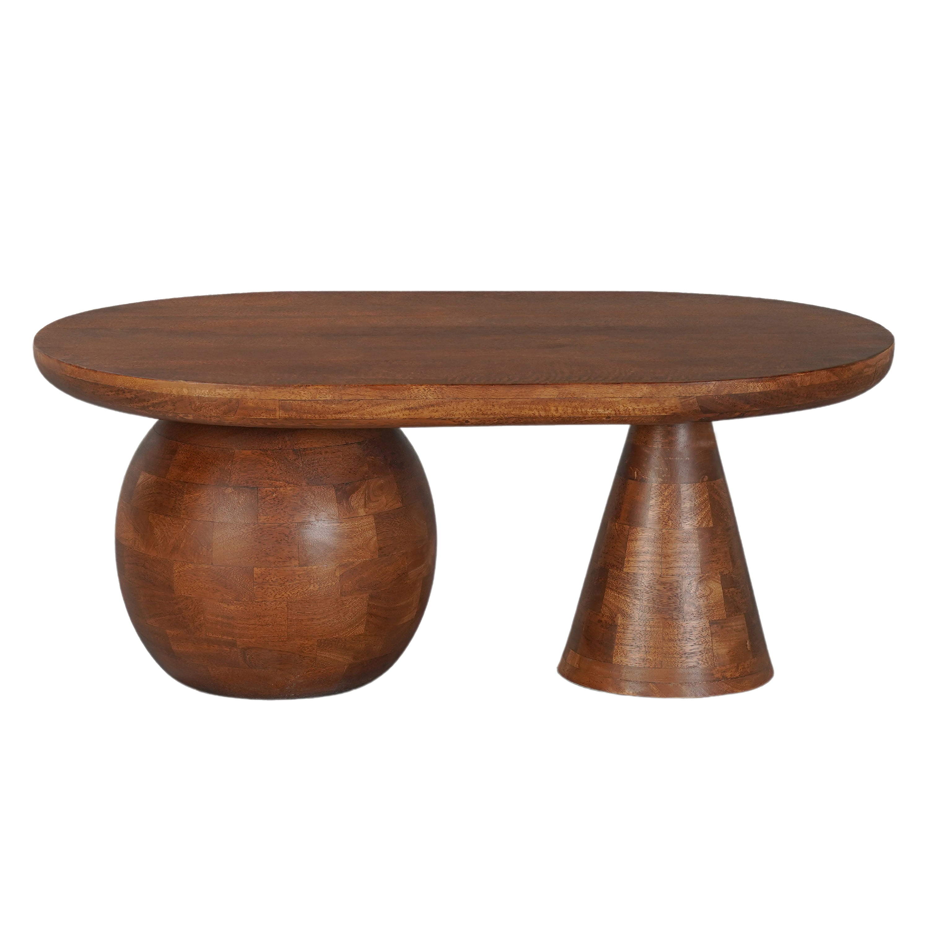 Handmade Walnut Brown Mango Wood Oval Top | round Ball and Cone Base