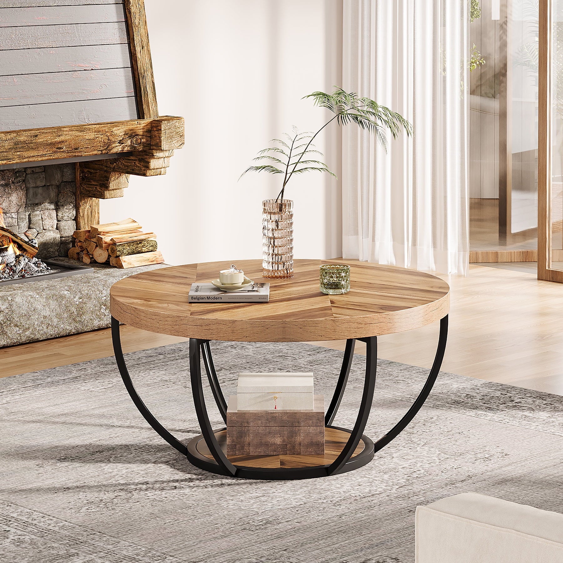 32" Round 2-Tier Coffee Table with Storage - Modern Wood & Metal