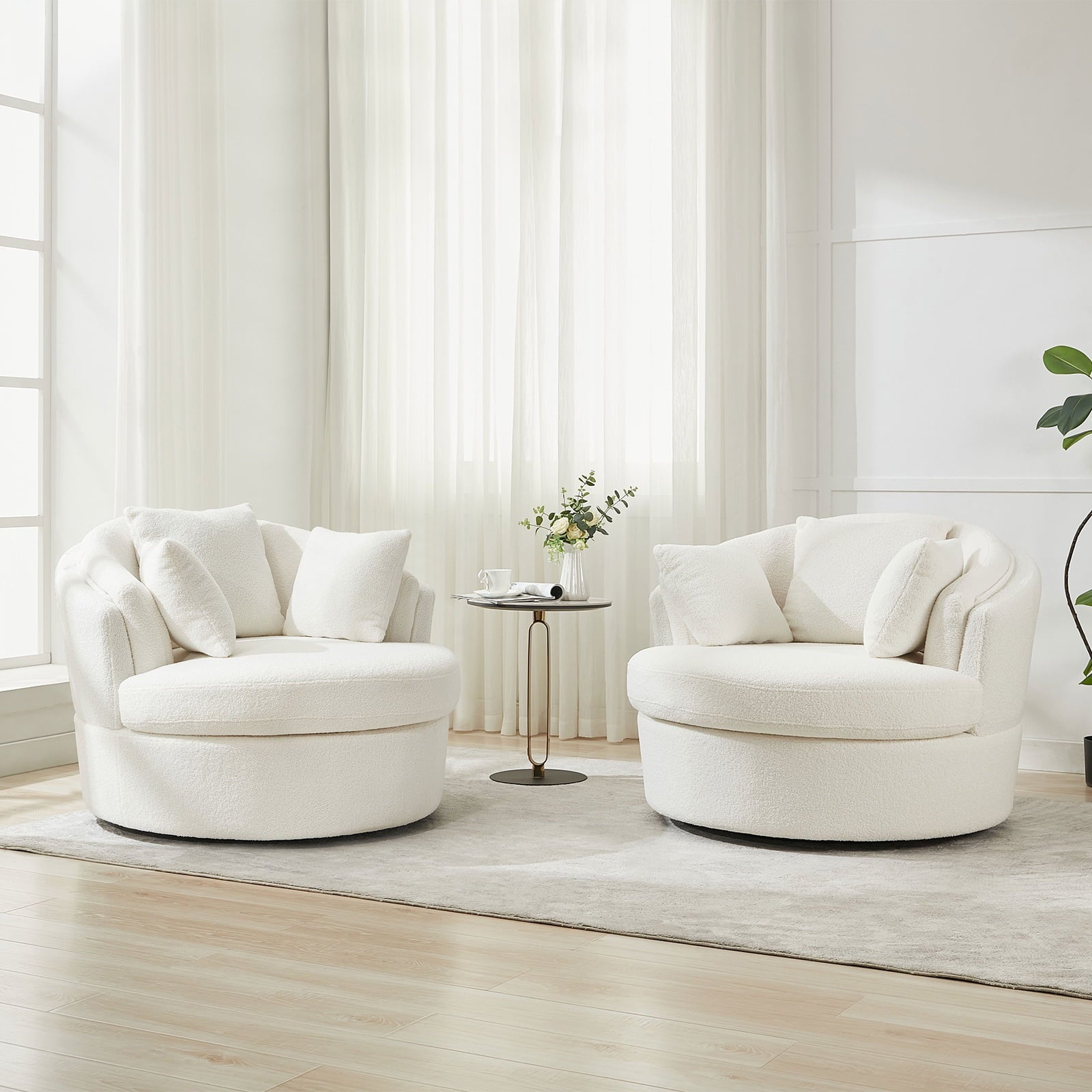 Oversized White Swivel Accent Chair - Modern Lambswool Barrel Chair for Bedroom & Living Room